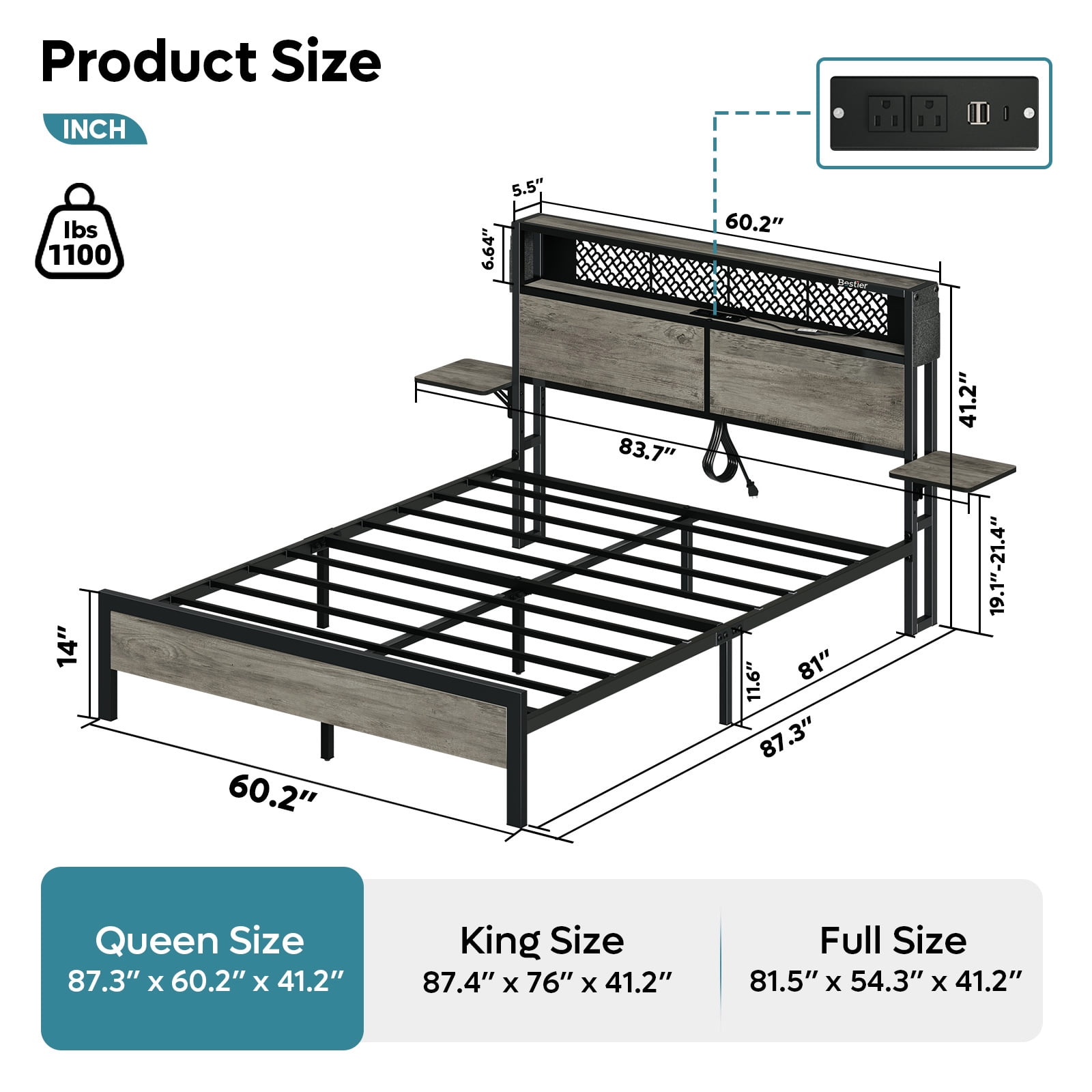 Bestier Queen Size Platform Bed Frame with Wood Foldable Bedside Shelves and LED Storage Headboard Charge Station, Gray - Image 9