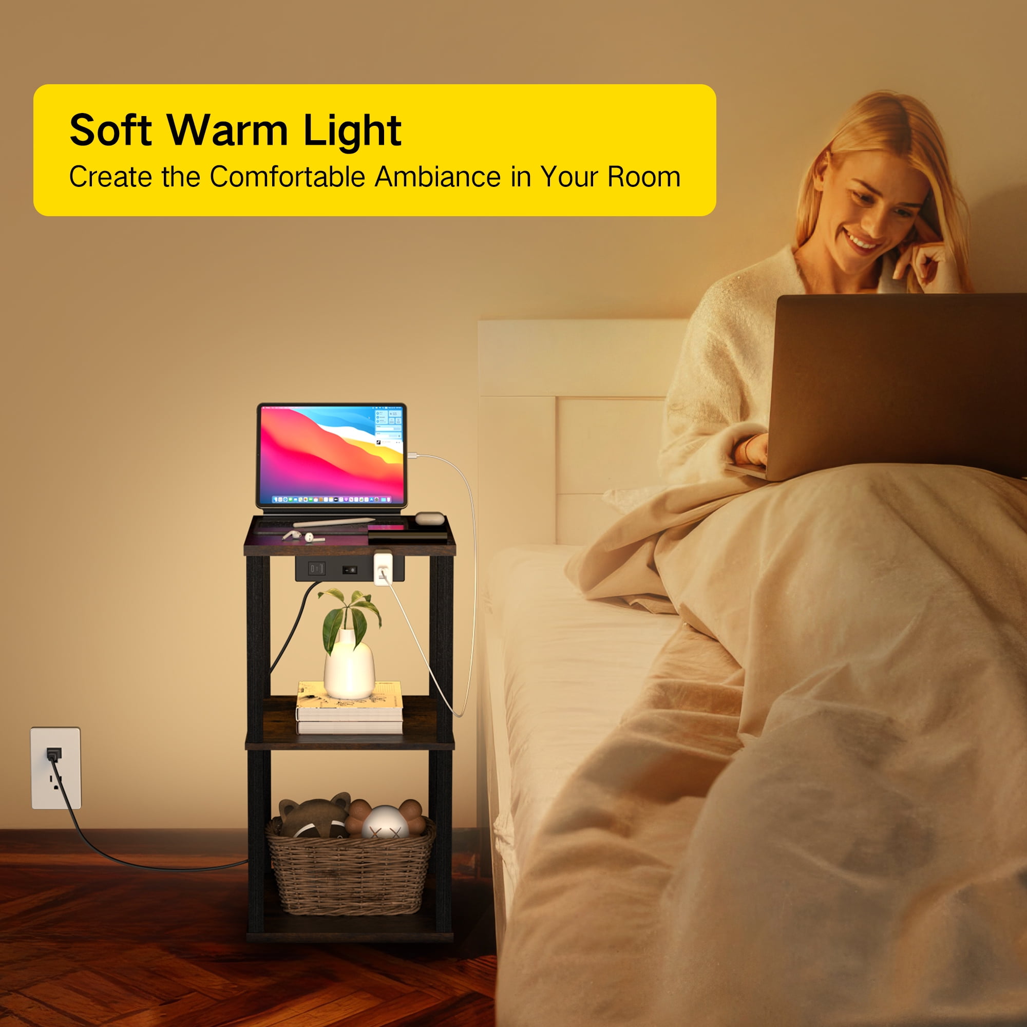 OUTONLIFE End Table with Charging Station, Small Bedside Table with 3 Storage Shelves, Narrow Side Table with USB Ports & Power Outlets, Night Stand for Living Room, Bedroom, Black - Image 4