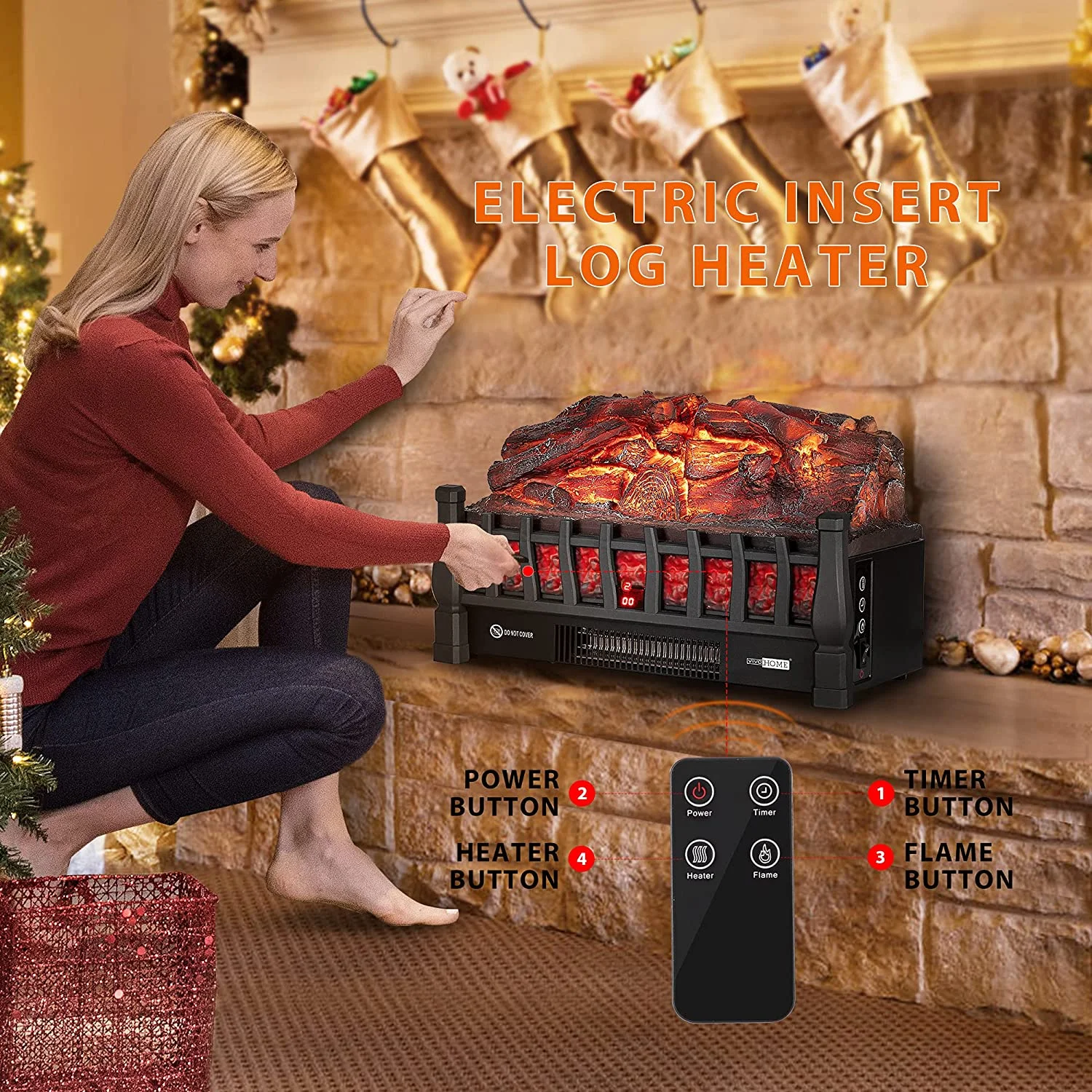 VIVOHOME 110V Electric Fireplace Heater with Infrared Remote Controller Black - Image 2
