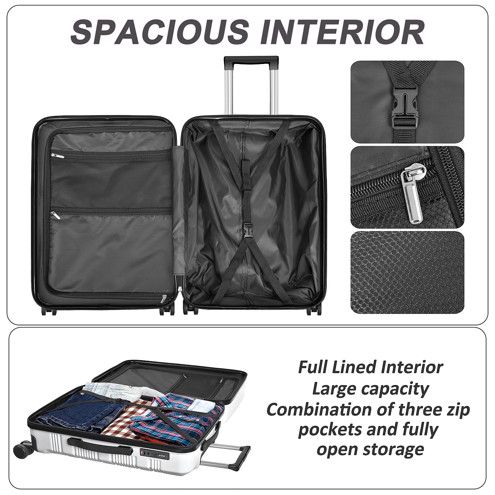 JZRTravel 24 Inch Checked Luggage Hardshell PC+ABS Suitcase Trolley Case with Removable Spinner Wheels Built-in TSA Lock, White - Image 7