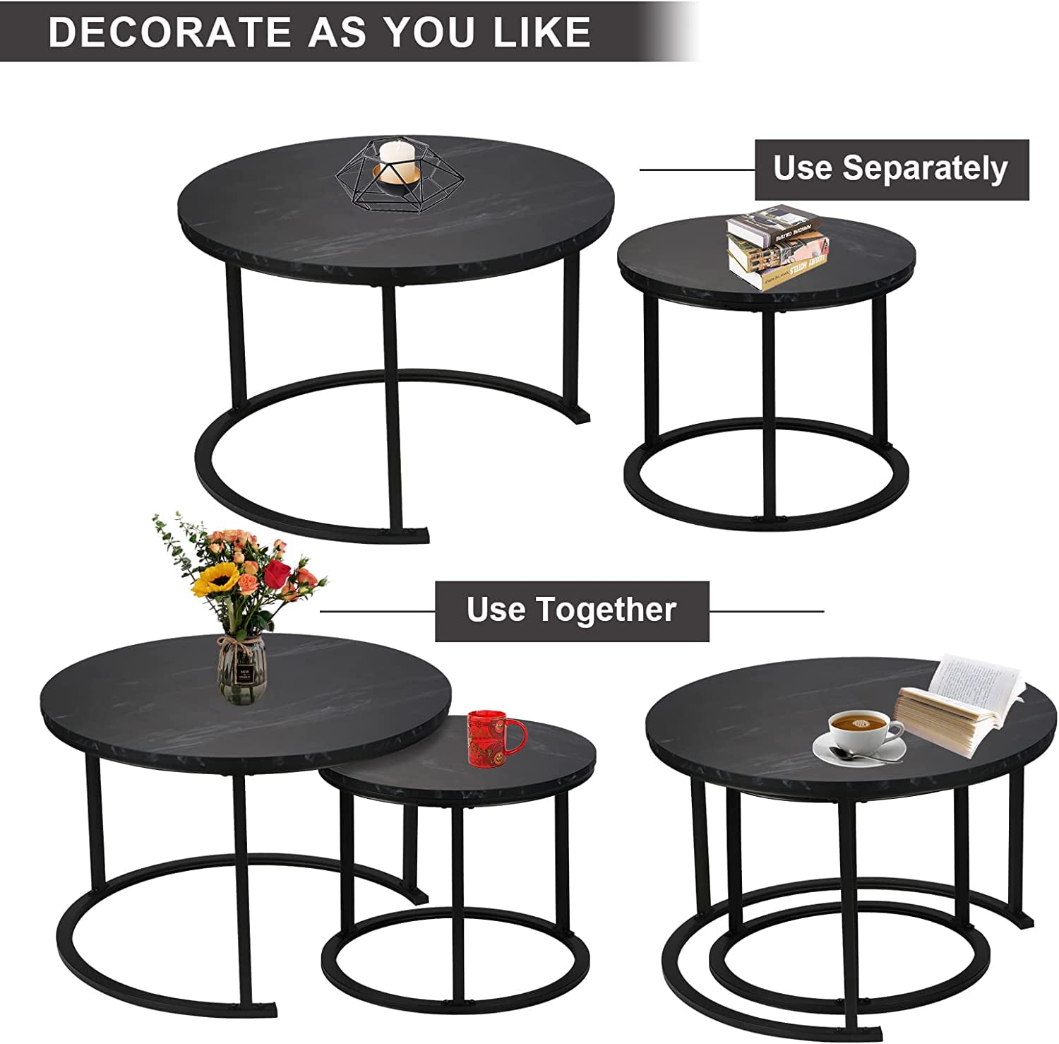 BIGTREE Modern Round Nesting Coffee Table Set 2 Pieces Solid Metal Frame for Home, Black - Image 2