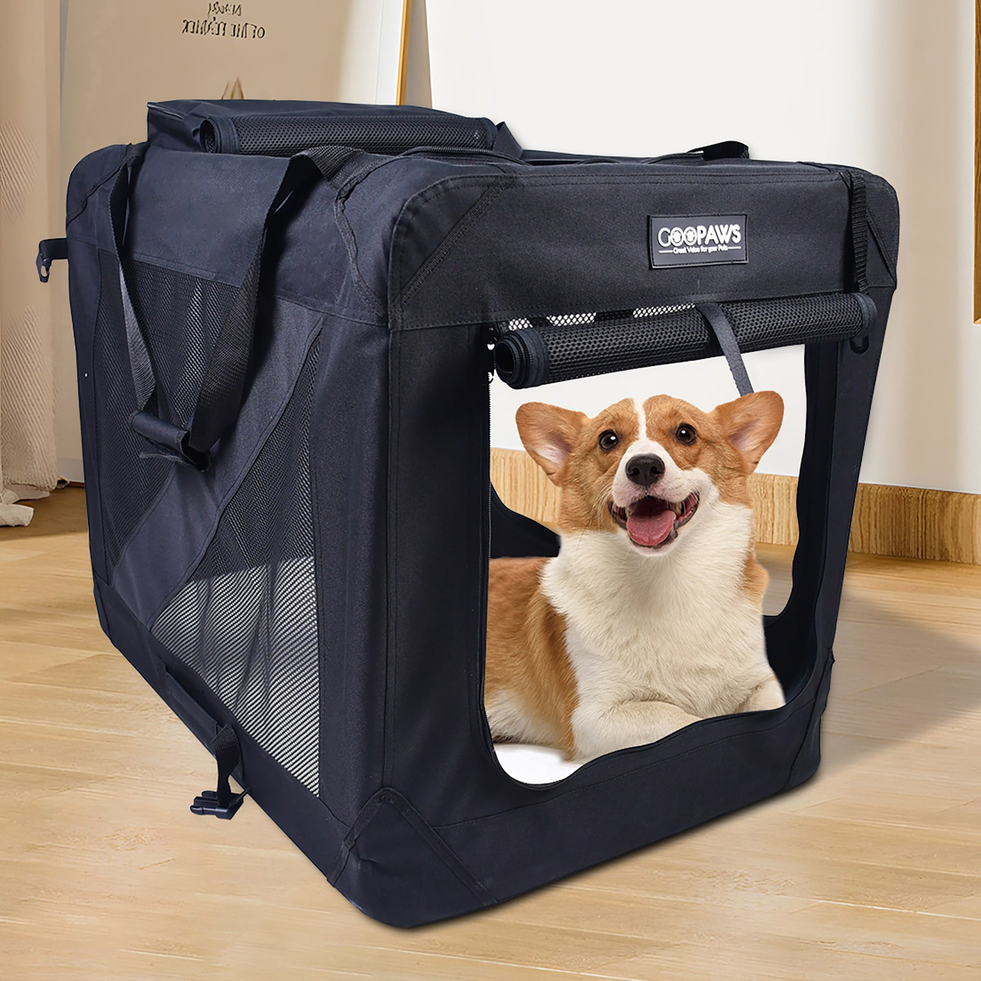 JESPET: 36" Soft Pet Crate - Black - Dogs & Cats Up to 70 lbs, 3 Door Folding Kennel, Indoor Outdoor Travel Carrier, Mesh Windows, Fleece Mat, GooPaws - Image 2