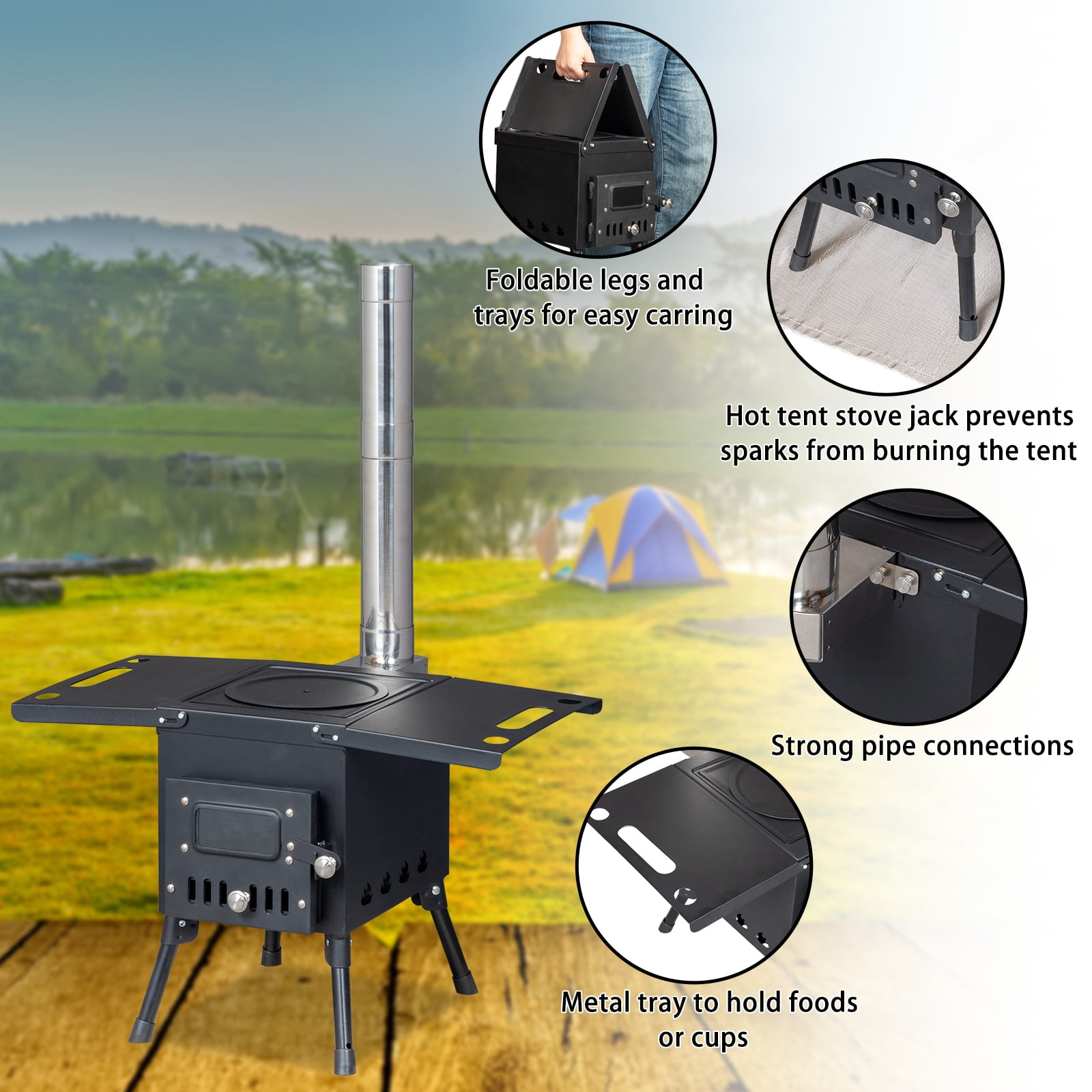 Zimtown Wood Burning Stove with Jack Chimney Pipes Small Portable for Hot Tent Camping Outdoor Cooking and Heating Black - Image 8