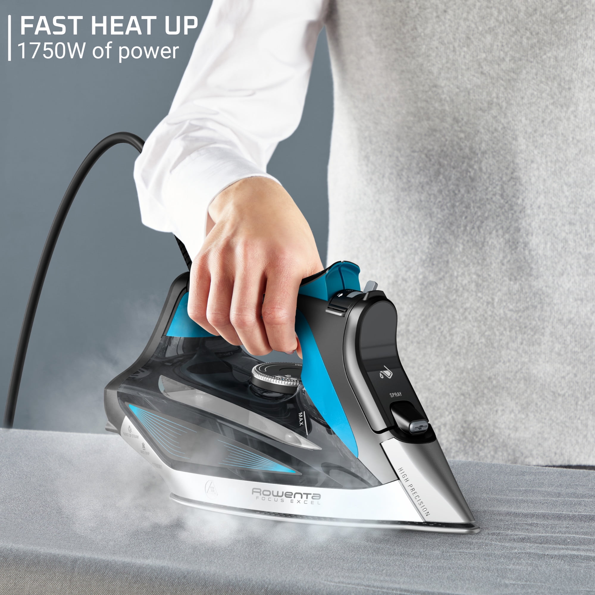 Rowenta Focus Excel Steam Iron for Clothes, Stainless Steel Soleplate, 1750 Watts, Black & Blue, DW5280 - Image 8