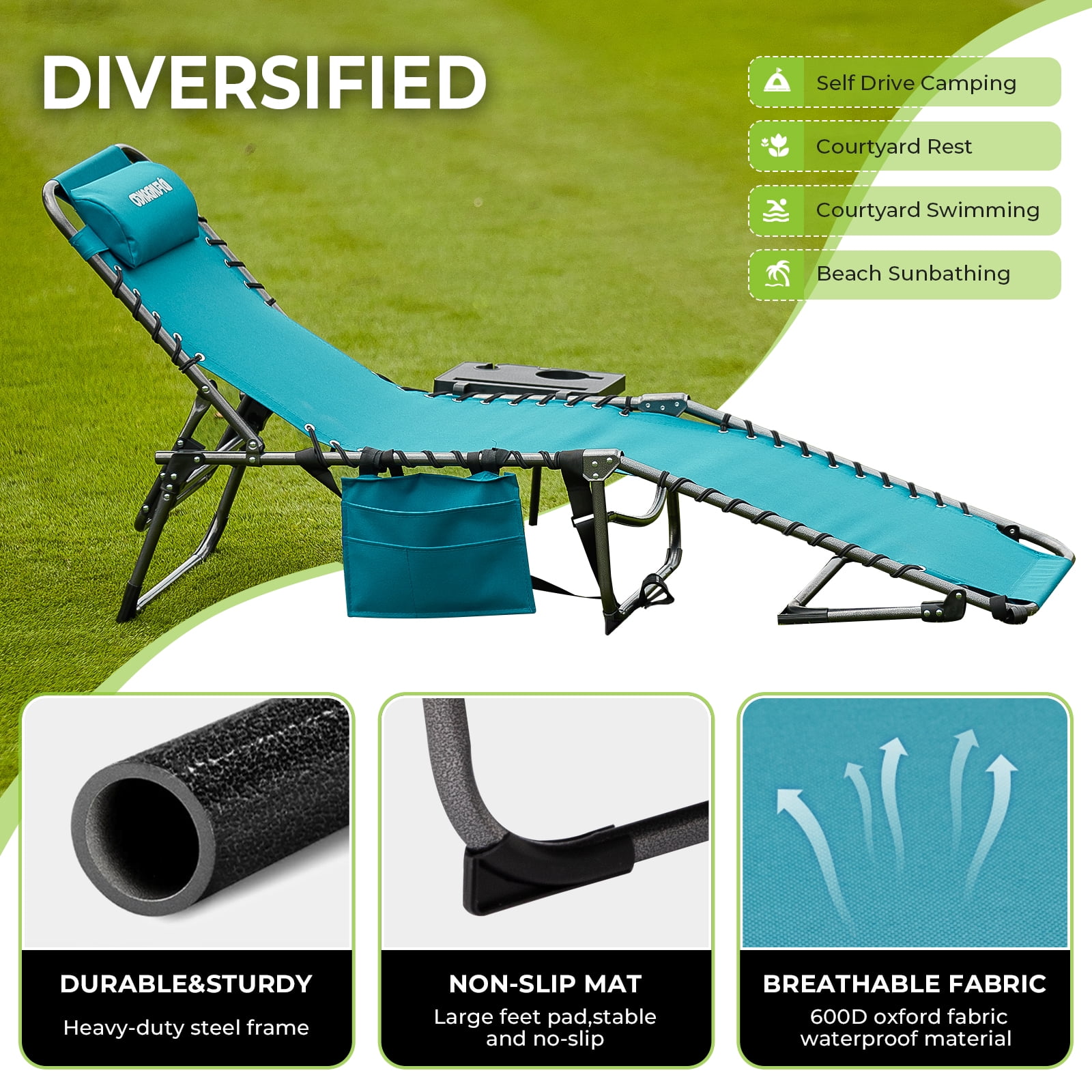 Fundango 2 Pack Folding Chaise Lounge Adjustable Lounge Chair Reclining Lawn Chair with Pillow for Beach Pool Patio Cyan - Image 3