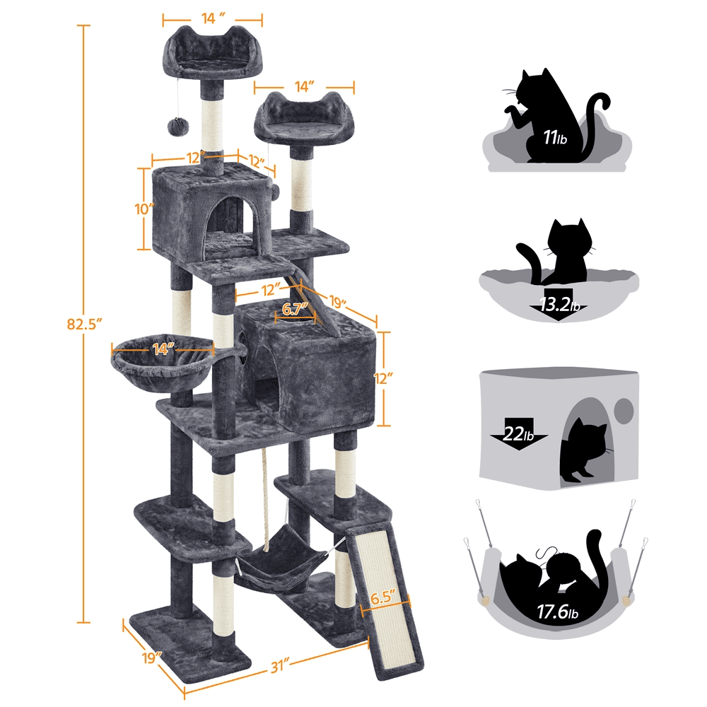 Alden Design 82.5″ H Multi Level Large Cat Tree with 2 Cozy Condos for Indoor Small/Medium Cats, Dark Gray - Image 5