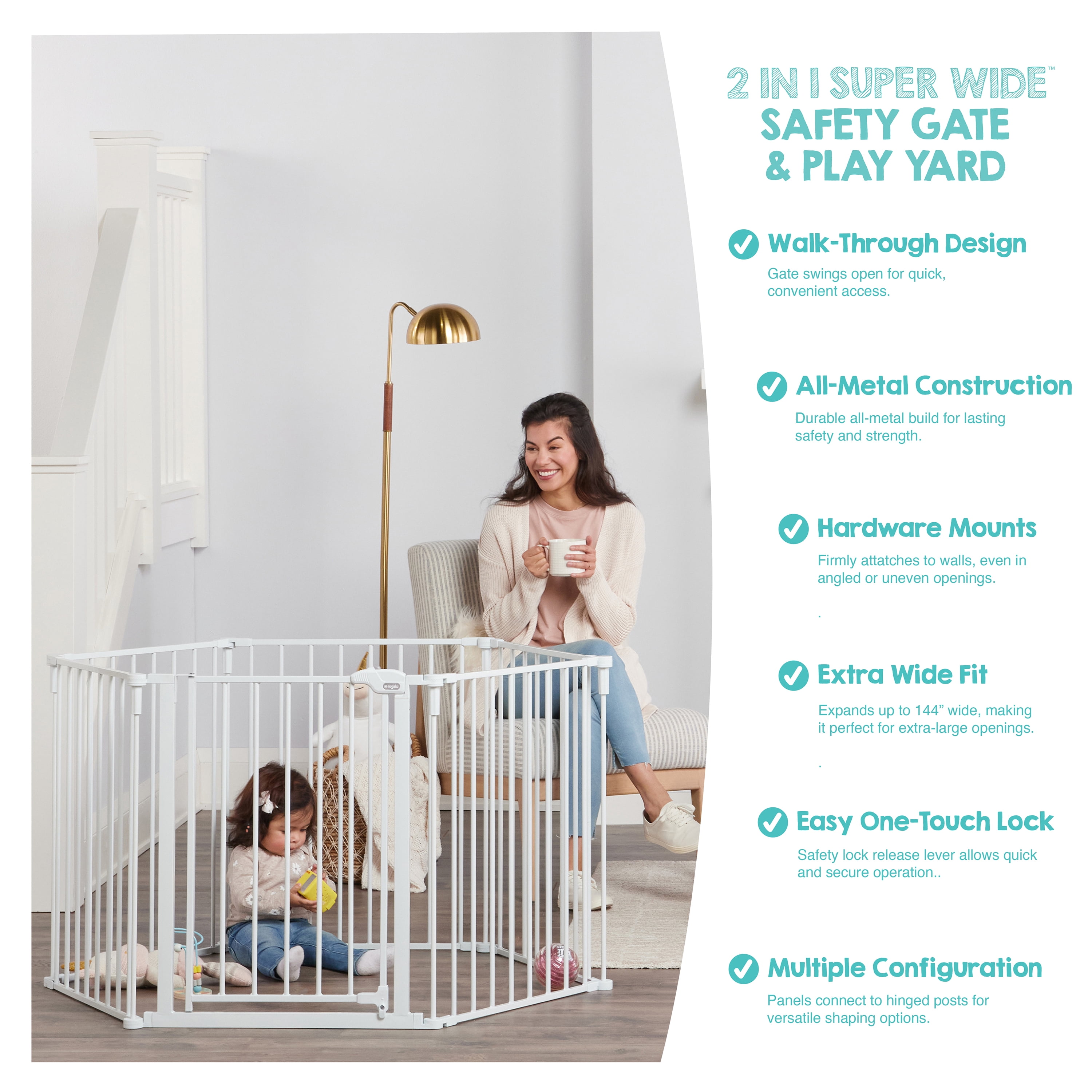 Regalo Super Wide Baby Gate and Play Yard, 56-144 in, White, Ages 6-24 Months - Image 2