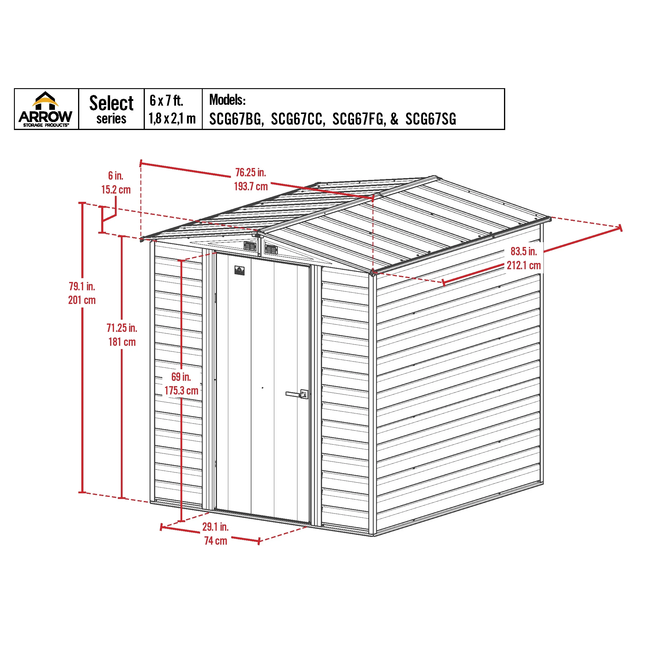 Arrow Select 6 x 7 x 7 ft Flute Grey Steel Storage Shed - Image 7