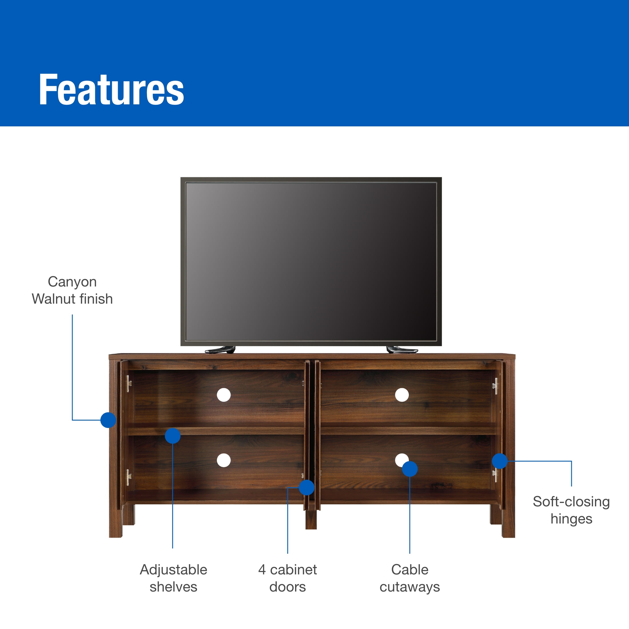 Mainstays 4-Door TV Console for TV’s up to 65”, Canyon Walnut Finish - Image 11
