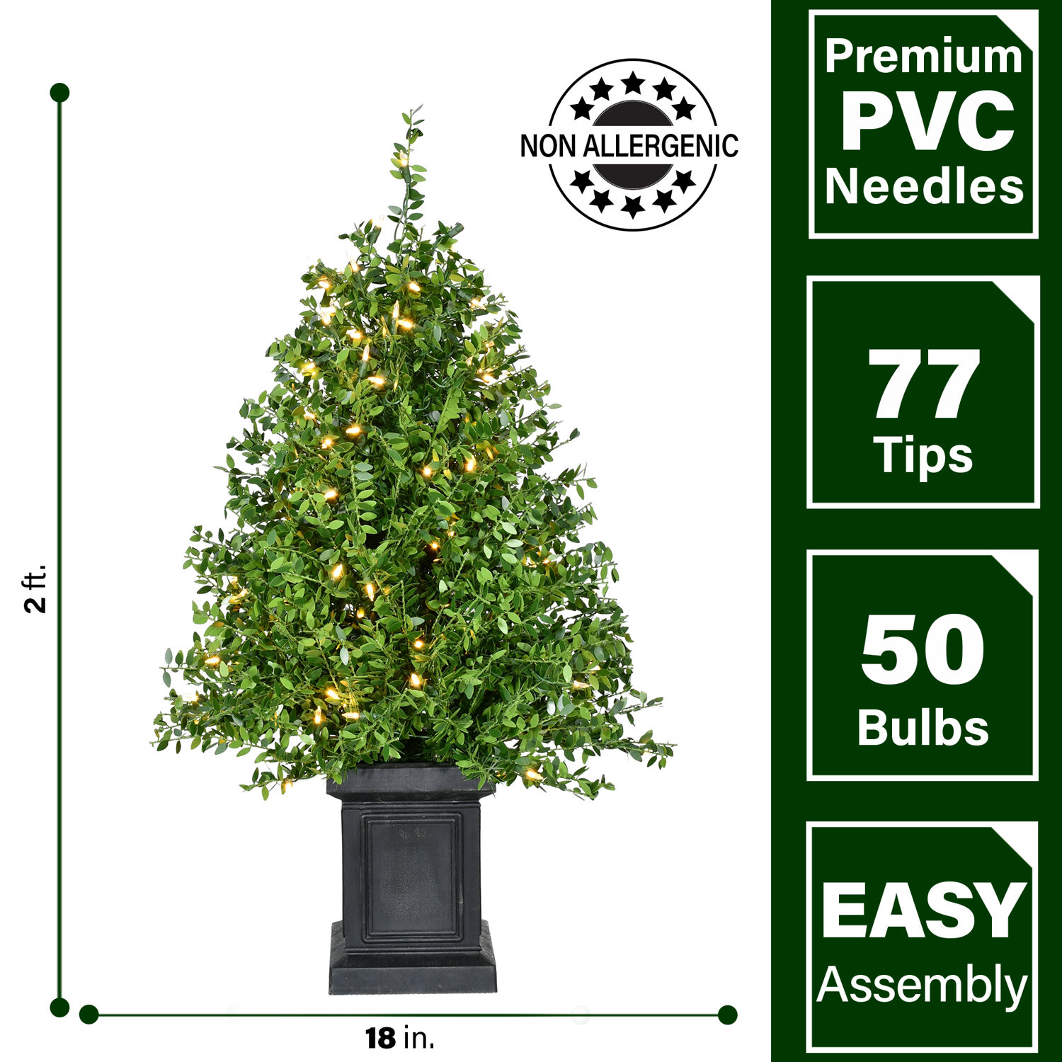 Fraser Hill Farm 2-Ft. Boxwood Porch Tree in Black Pot with Warm White Lights, Set of 2, FFBXPT024-5GR1/S2 - Image 3