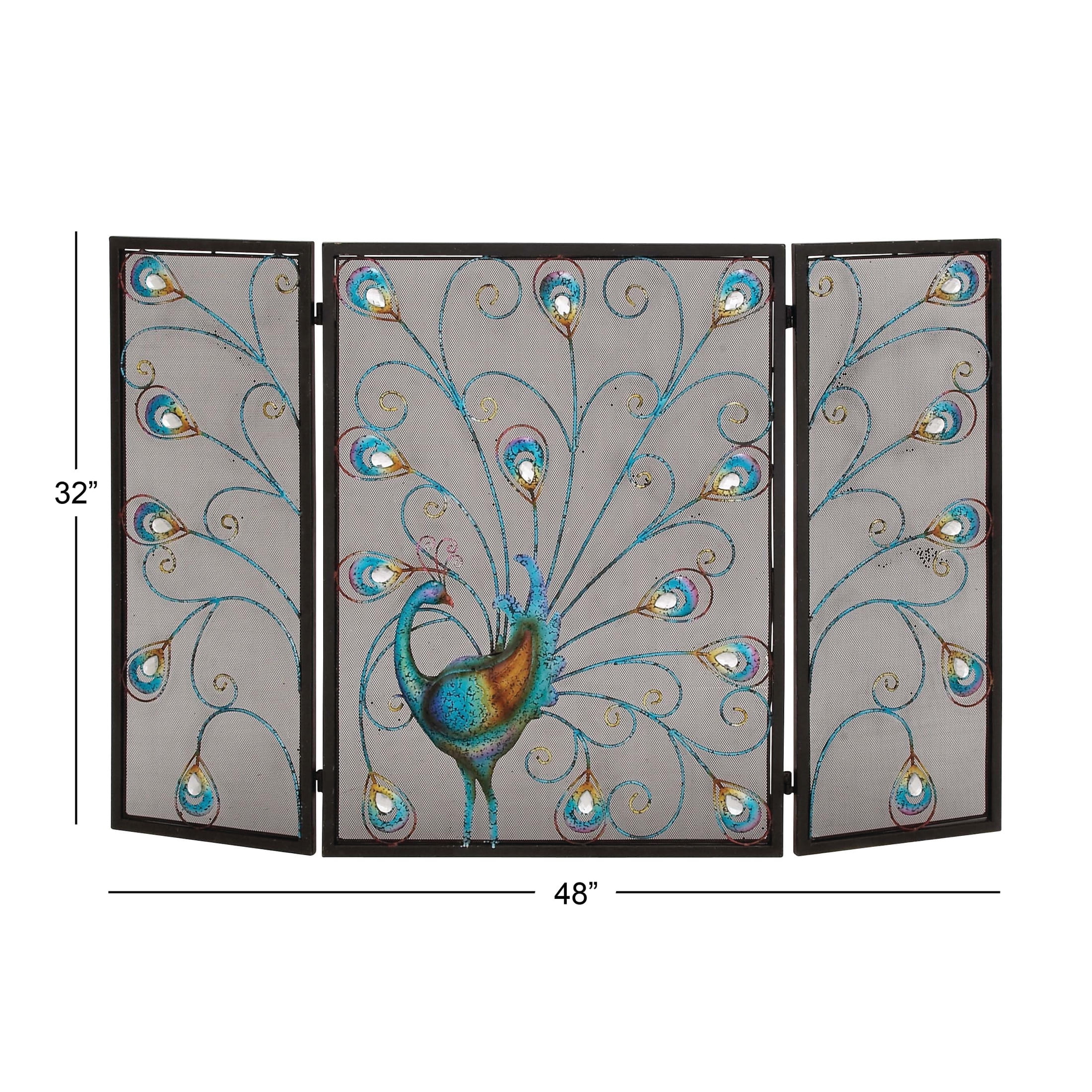 DecMode Black Eclectic Metal Fireplace Screen with Colorful Peacock Detail and Iron Frame, 48"W x 32"H - Image 4