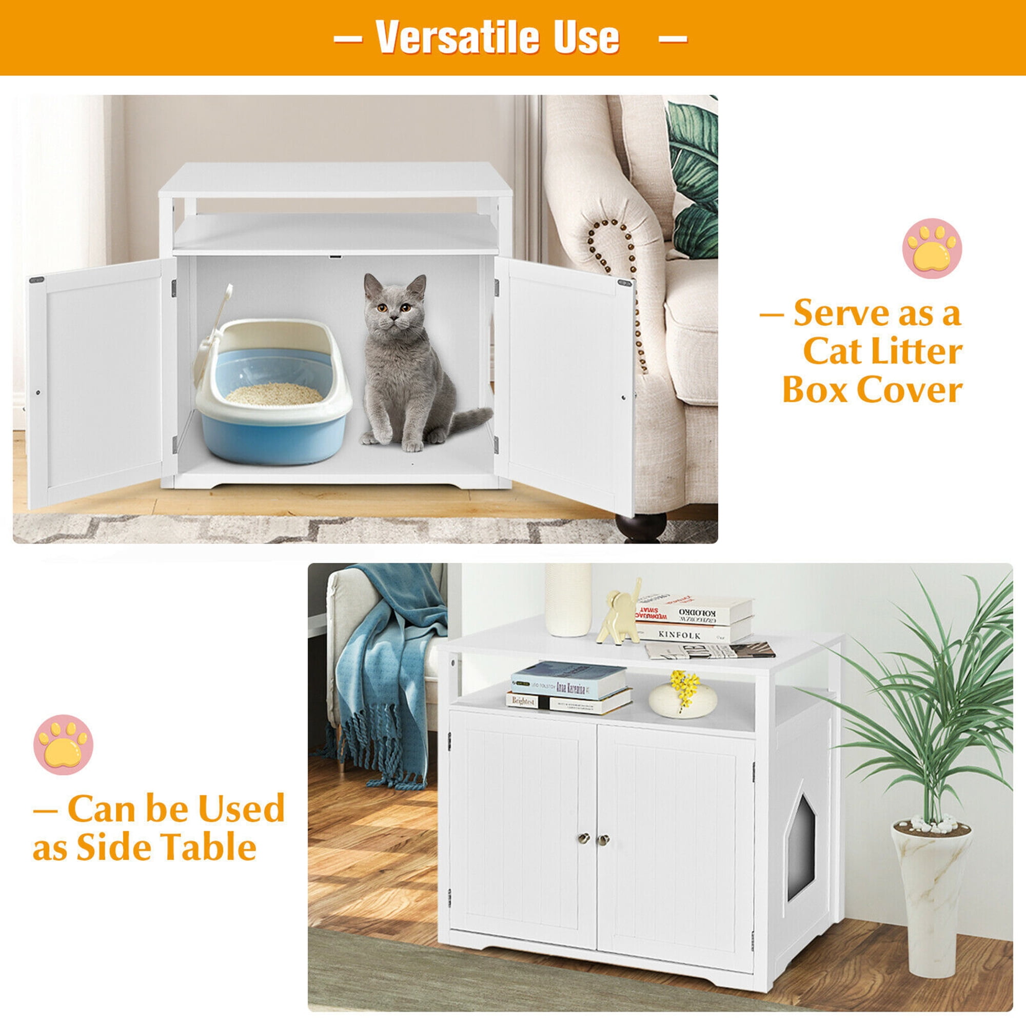 Gymax Wooden Cat Litter Box Enclosure with Storage Layer, White - Image 10