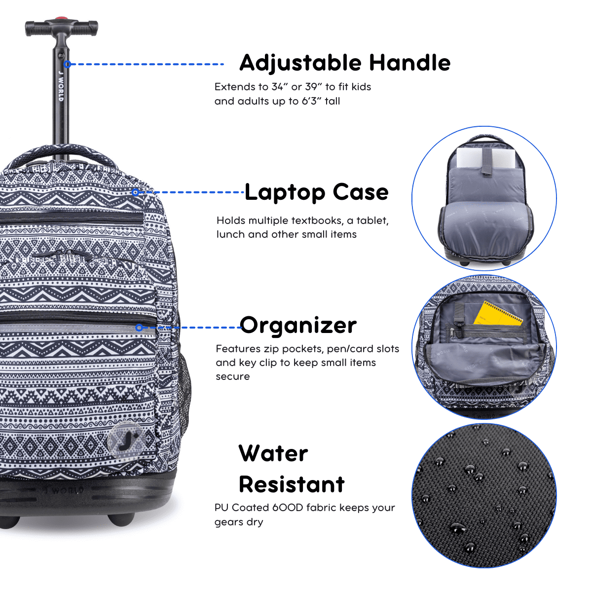 J World Unisex Sundance 20" Rolling Backpack with Laptop Sleeve for School and Travel, Tribal - Image 6