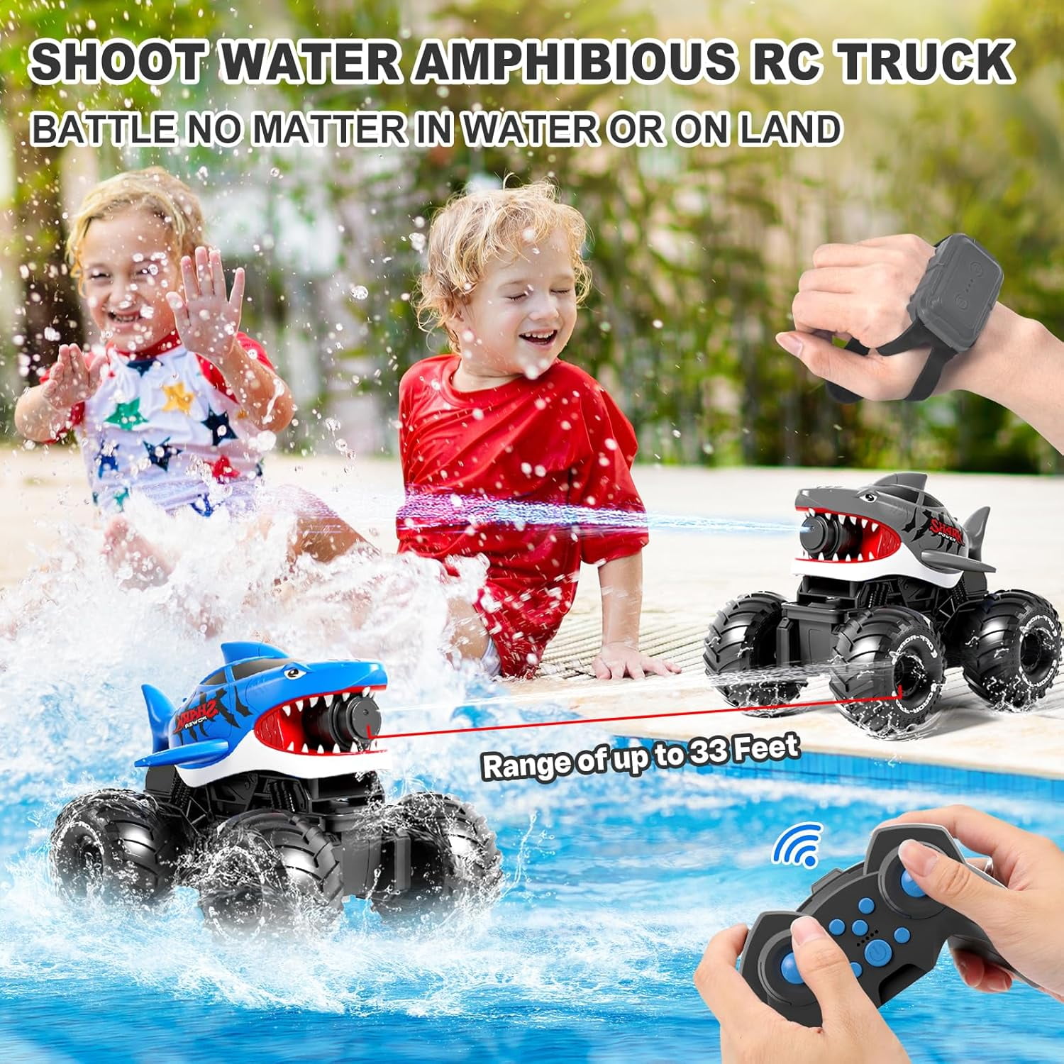 Adofi Amphibious Remote Control Car, 4WD All-Terrain Off-Road Water Toys, 2.4GHz Shooting Waterproof RC Monster Truck, Toys for Boys 3 6 Years - Gray - Image 14