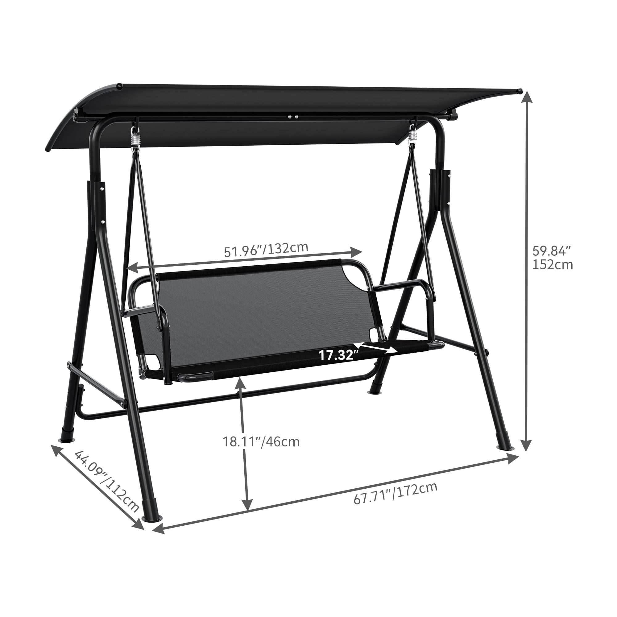 Uforic 3 Person Porch Swing Heavy Duty Outdoor Patio Swing Chair with Adjustable Canopy Weather Resistant Steel Frame for Garden, Lawn, Balcony, Black - Image 2