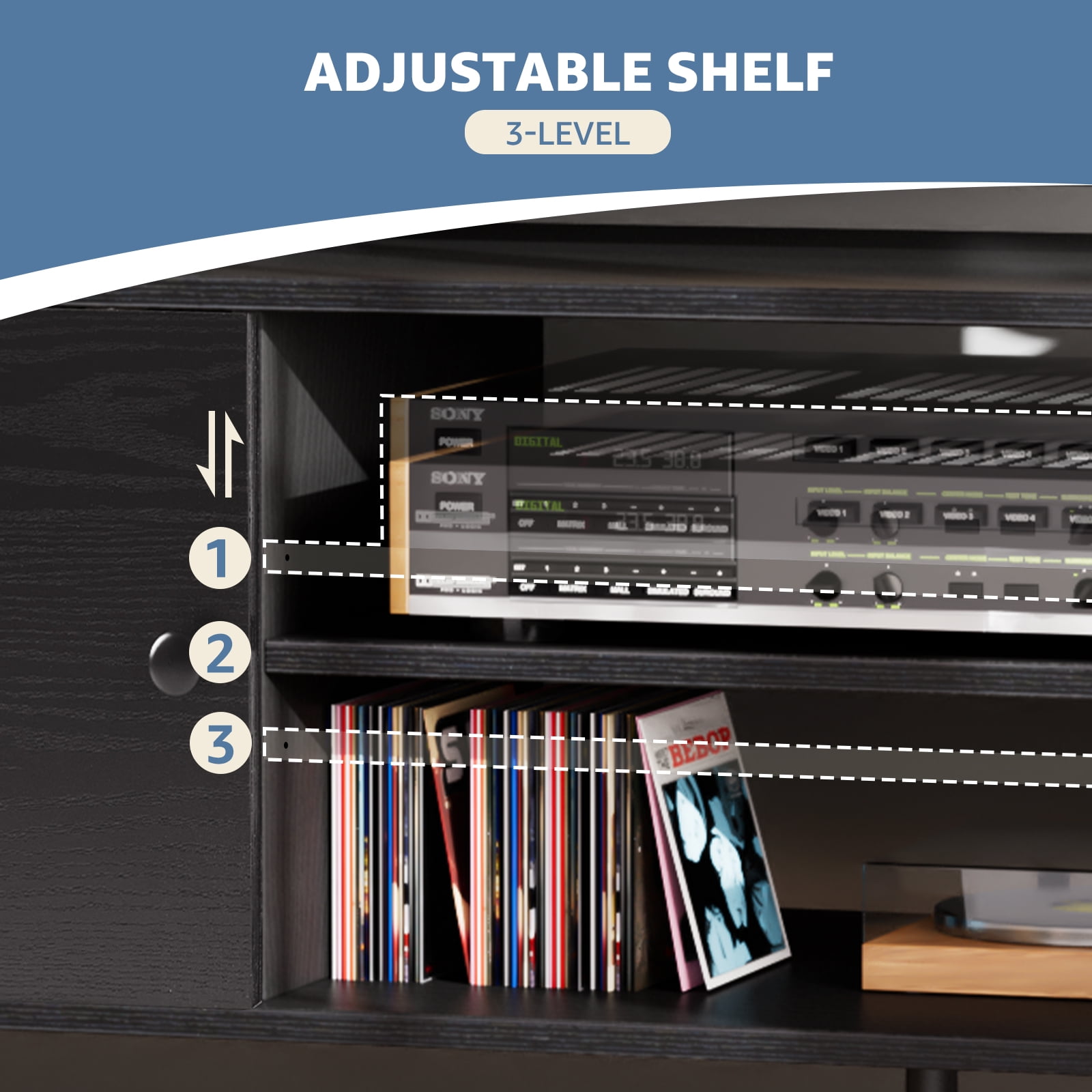 CONCETTA Wood TV Stand with 2 Storage Cabinets, Modern Entertainment Center for TVs up to 60 inches, Media Console with Adjustable Shelves and Cable Management, Black - Image 4