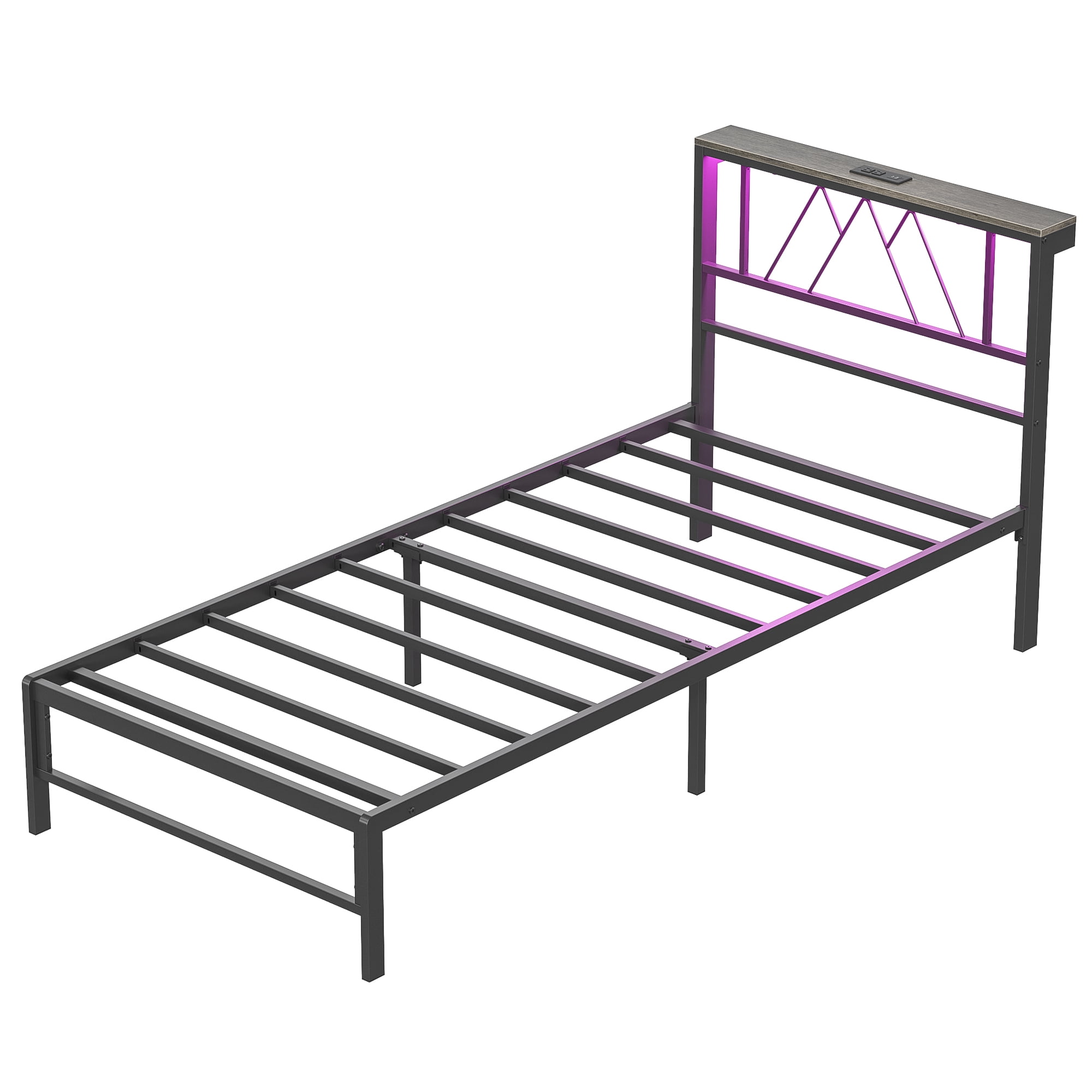 Yoneston Twin Size Platform Bed Fame with LED and Charging Station Storage Headboard No Box Spring Need for Kids Furniture, Black - Image 7