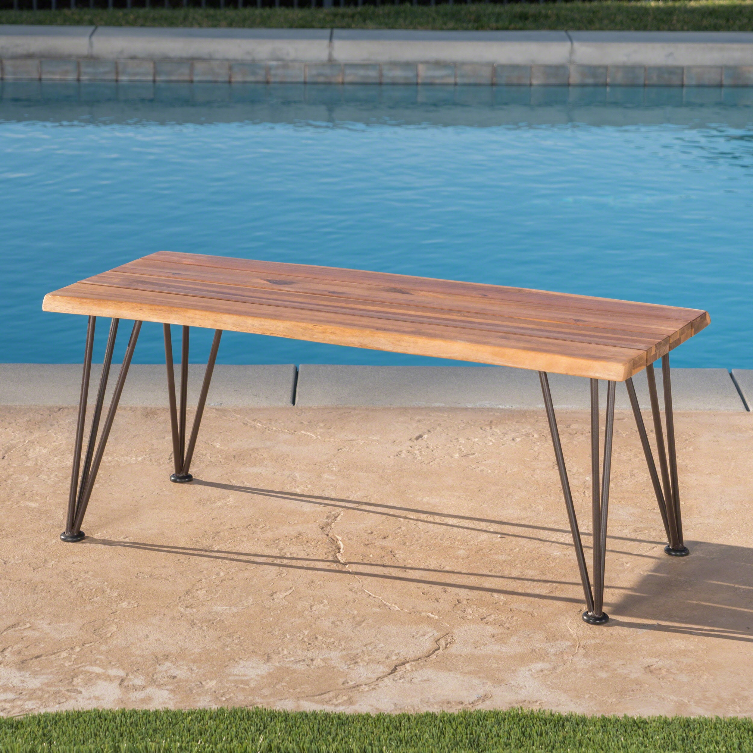 Zenith Outdoor Industrial Coffee Table, Teak Finish, Rustic Metal - Image 3