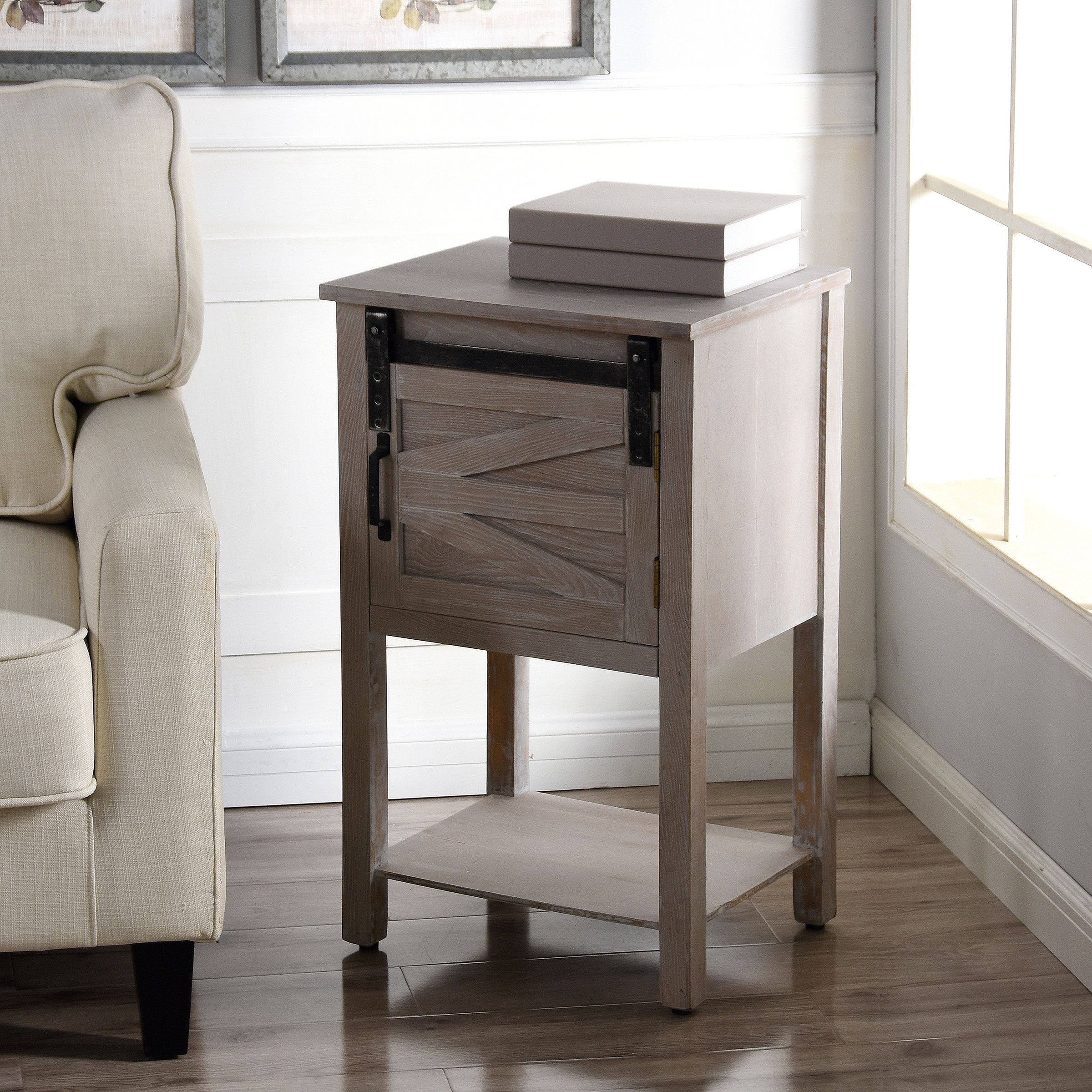 One Door and Bottom Shelf Wooden Side Table - Grey Wash - Image 5