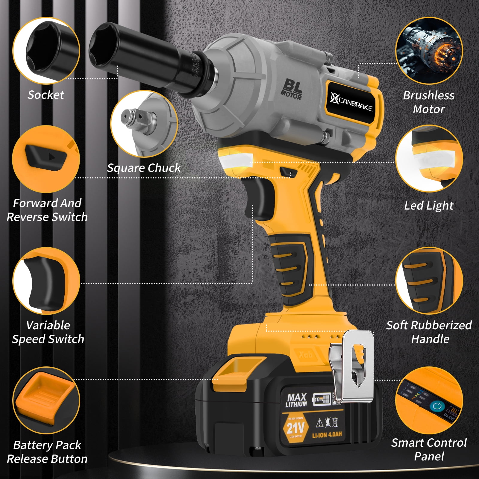 JEXUGK 1000N.m(740ft-lbs) 21V Cordless Impact Wrench,1/2 inch High Torque Impact Gun with 2 x 4.0Ah Batteries & 5 Sockets,Electric Impact Variable Speeds for Car Truck Mower - Image 4