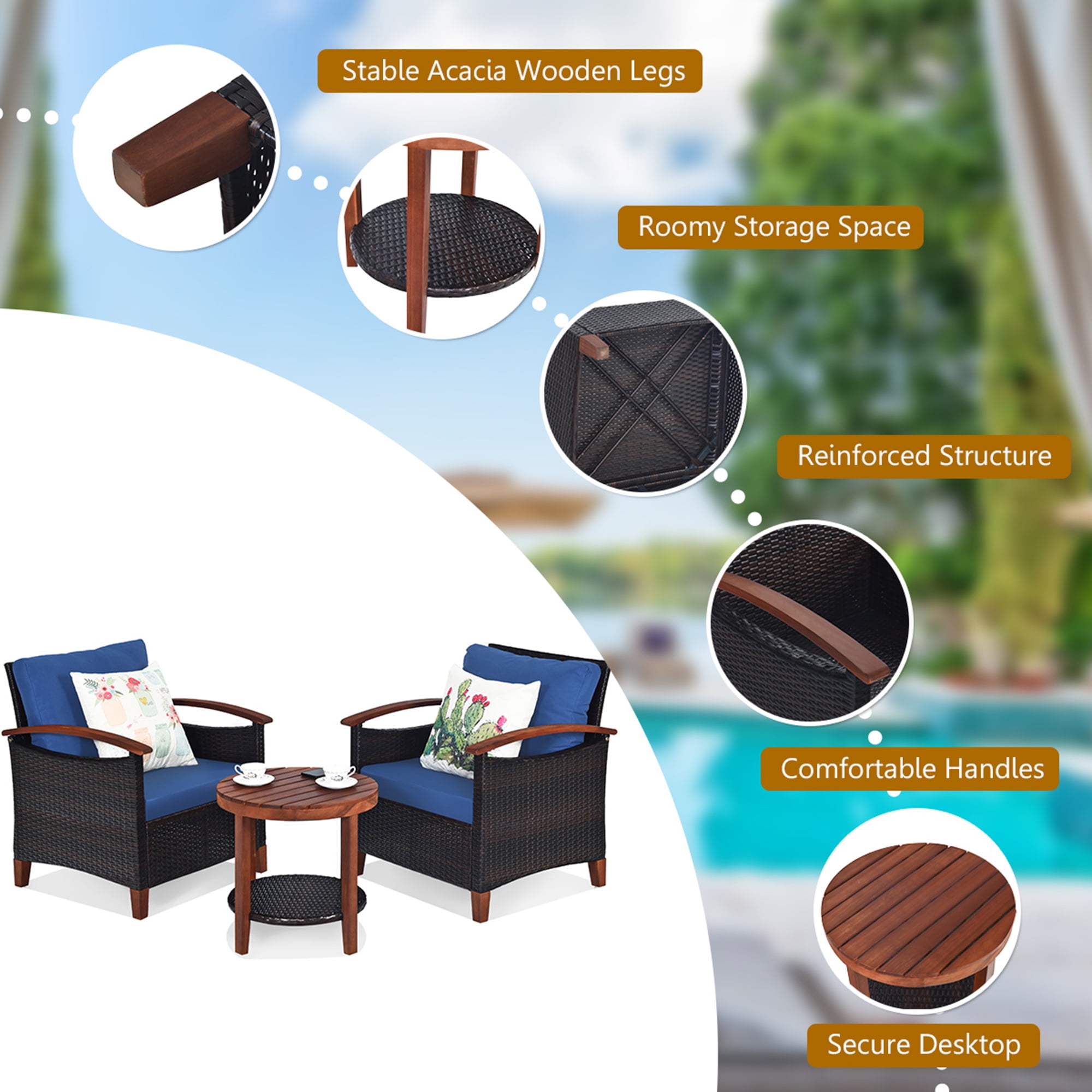Gymax 3PCS Patio Wicker Rattan Conversation Set Outdoor Furniture Set w/ Cushion - Image 10