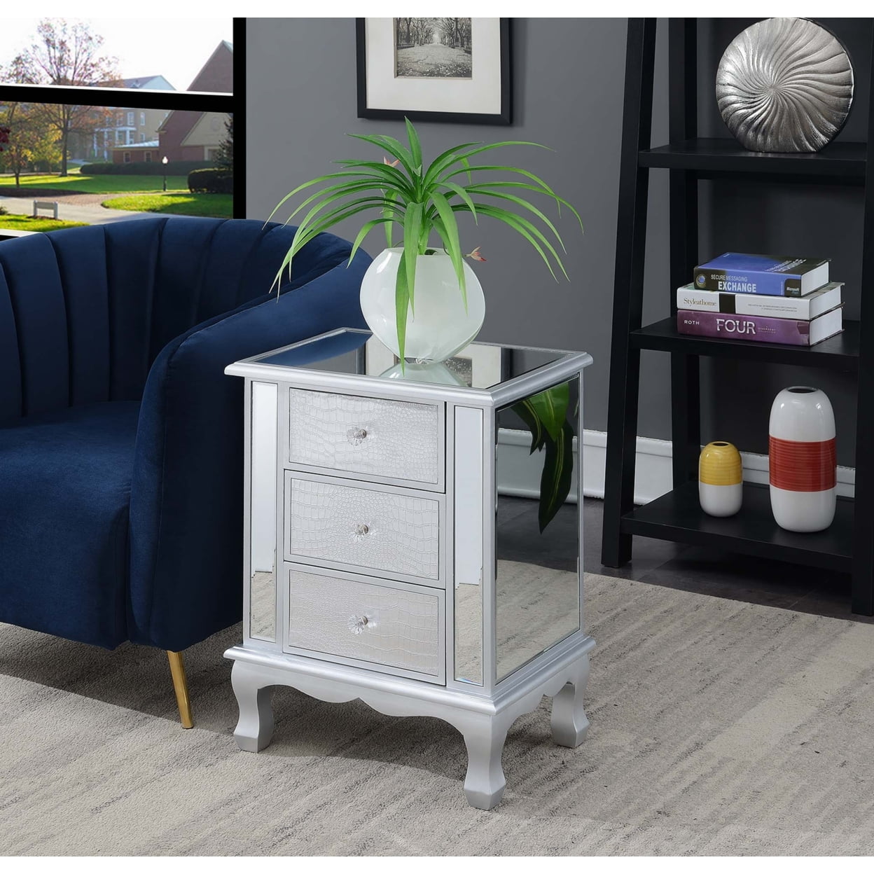 Gold Coast Vineyard Three-Drawer End Table with Mirrored Glass and Gray Trim - Image 2