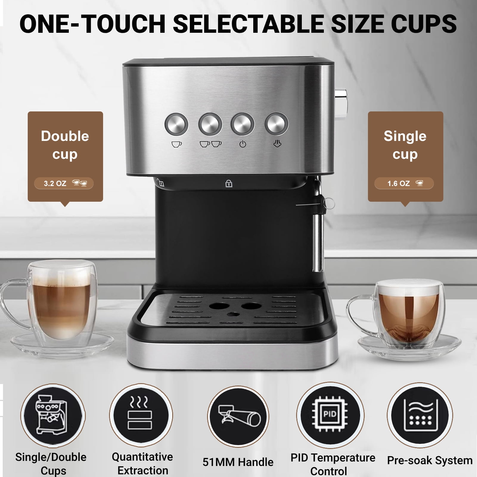 Fyydes Espresso Machine 20 Bar, 1.5L Water Tank with Milk Frother Steam, Stainless Steel Coffee Maker for Espresso, Latte, Mocha, Americano, 1050W, Silver - Image 8