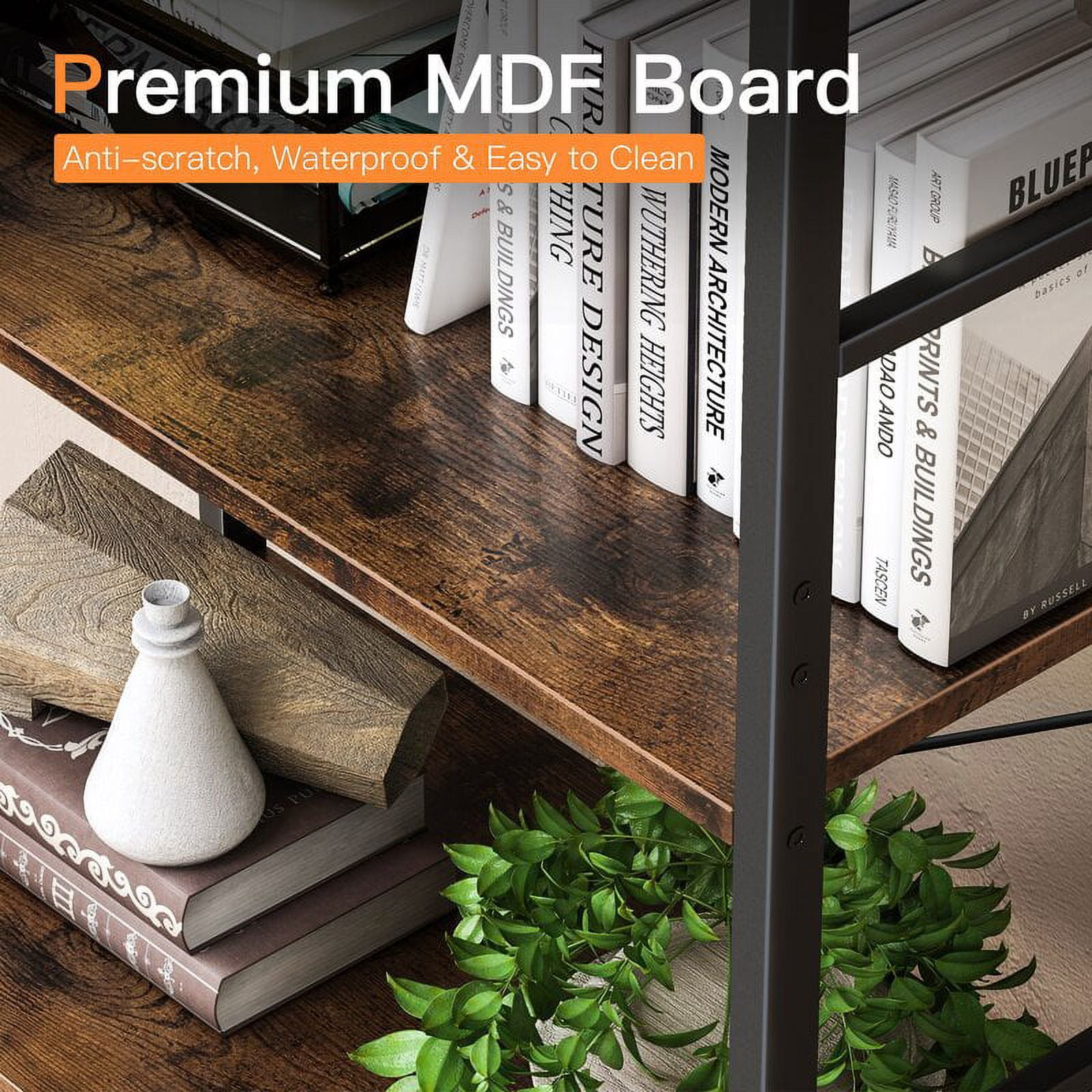 5 Tier Ladder Bookshelf, Industrial Open Bookcase Storage Organizer, Modern Tall Book Shelf for Bedroom, Living Room and Home Office, Rustic Brown - Image 9