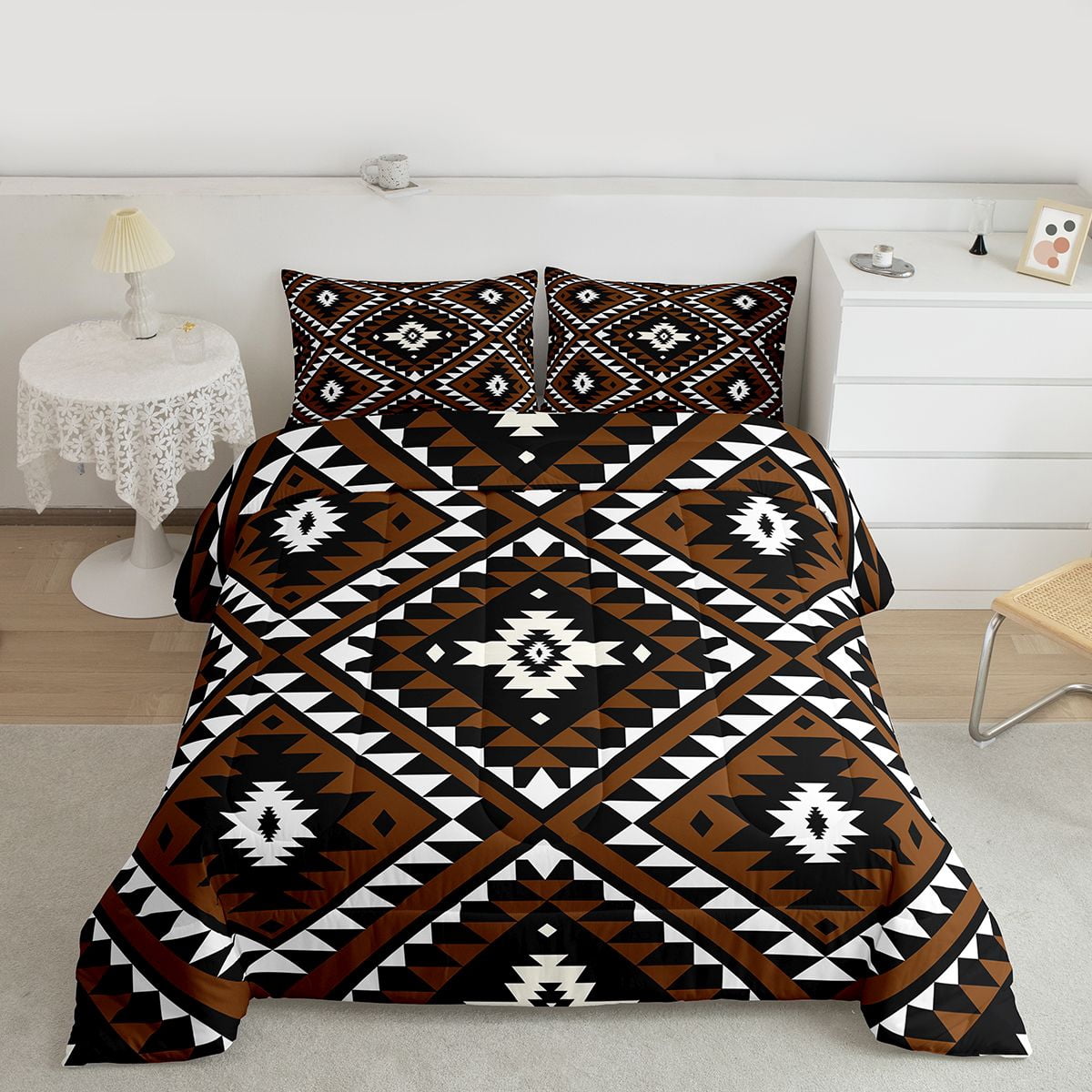 Rustic Western Twin Size Comforter Set For Men,Southwestern Aztec Bedding Set Bohemian Quilt Comforter Ethnic Mexican Geometric Diamond Duvet Insert Brown Black White Farmhouse Room Decor 2 Pcs - Image 5