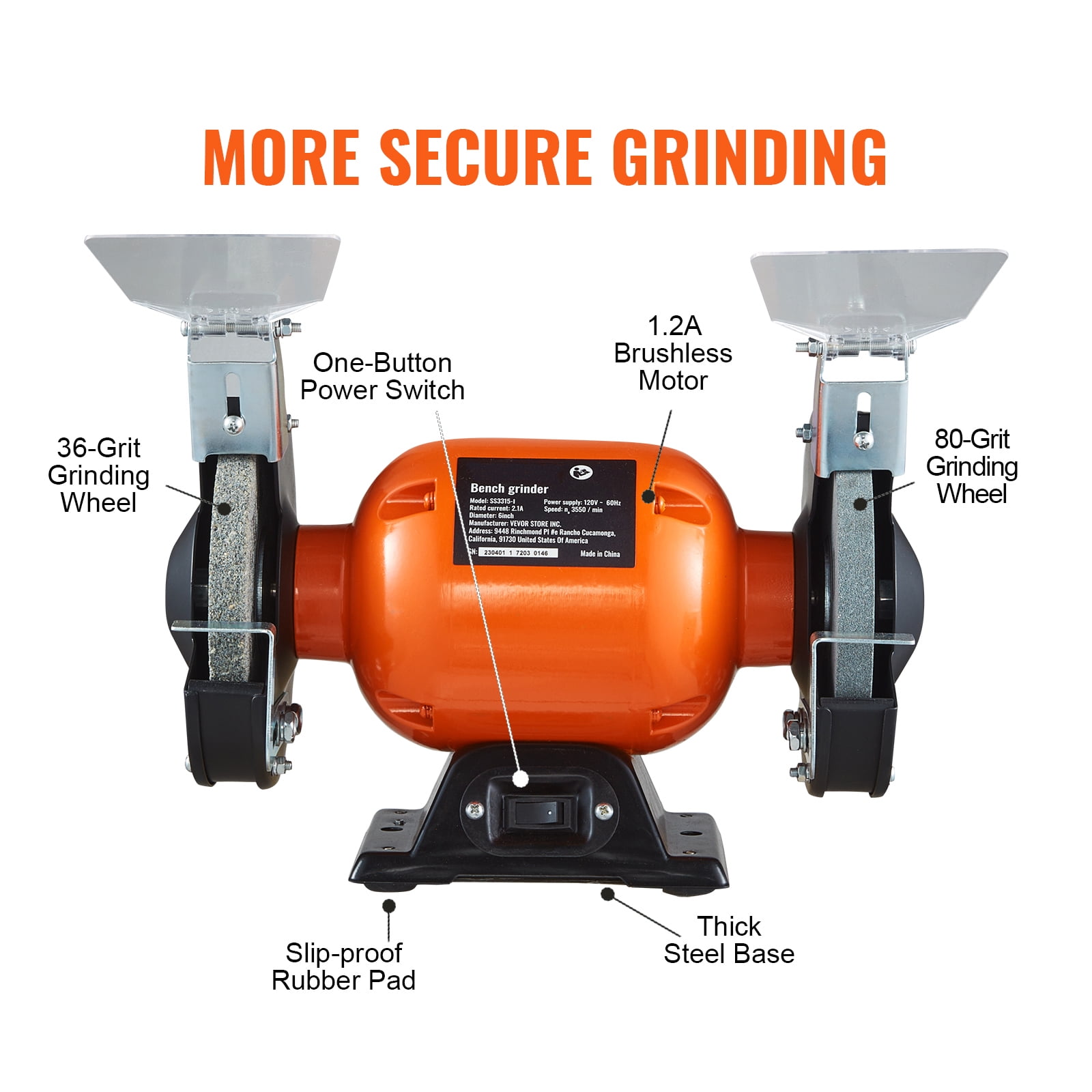 VEVOR Bench Grinder, 6 inch Single Speed Bench Grinder with 2.1A Brushless Motor 3550 RPM Table Grinder with 36/80-Grit Grinding Wheels for Grinding, Sharpening Application - Image 5