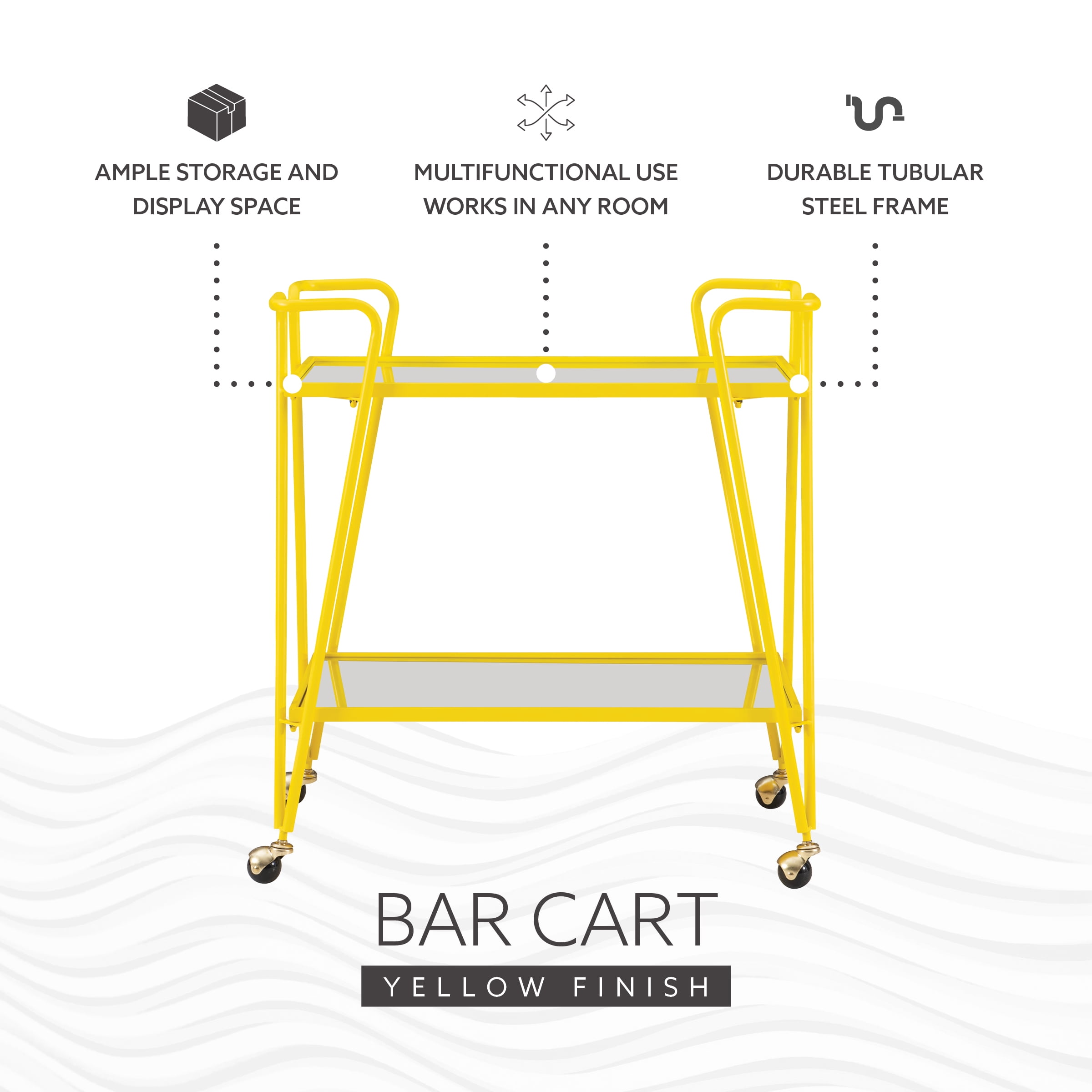 Linon Lawsonia 2-Tier Mid-Century Mobile Bar Cart with Mirrored Top, 32.5" Tall, 27 lb, Yellow - Image 11