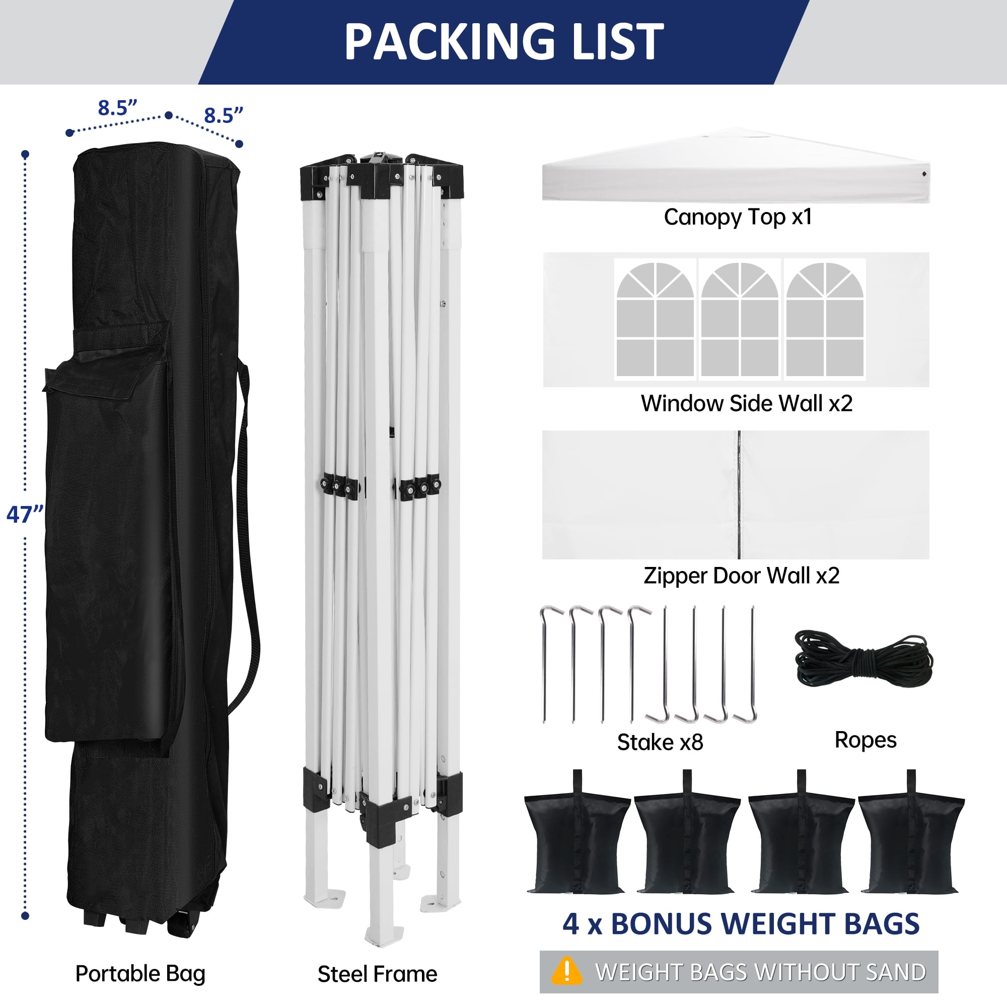 VentuLodge 10' x 10' Pop up Canopy Tent with Sidewalls, Windows, 4 Weight Bags, 8 Stakes, 4 Ropes, Wheeled Bag - White - Image 6