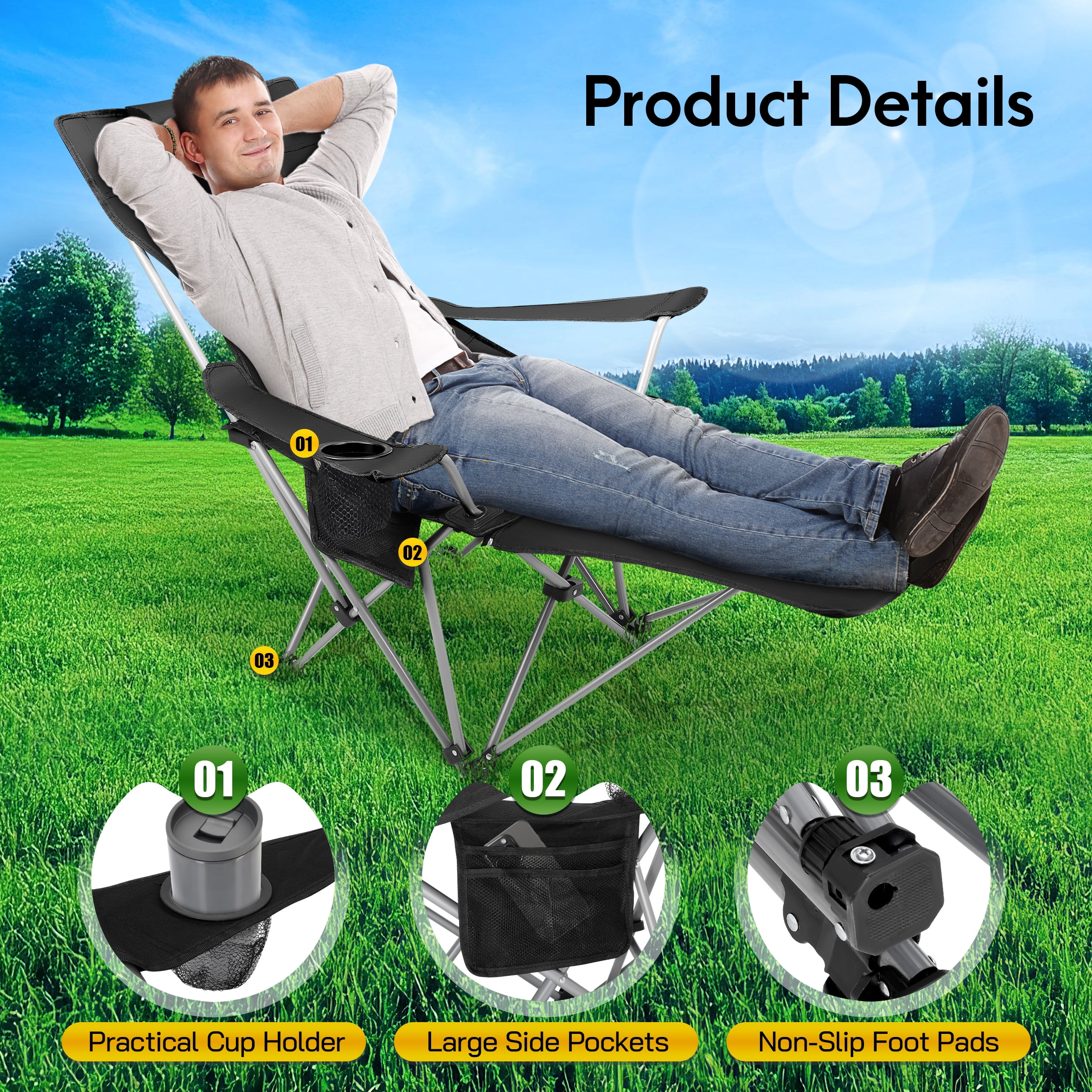 AMTPM Camping Chairs, Adjustable Folding Chairs 330lbs with Detachable Footrset for Camping Hiking Gardening Travel Beach Picnic, Adult - Image 11