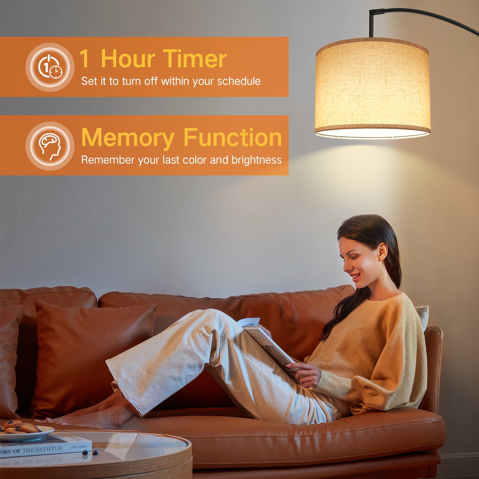 OUTON 81" Arc Floor Lamp with Remote for Living Room, LED Dimmable Modern Standing Lamps with 4 Color Temperatures, Adjustable Linen Shade, Tall Light for Bedroom (Black+Beige Shade) - Image 5