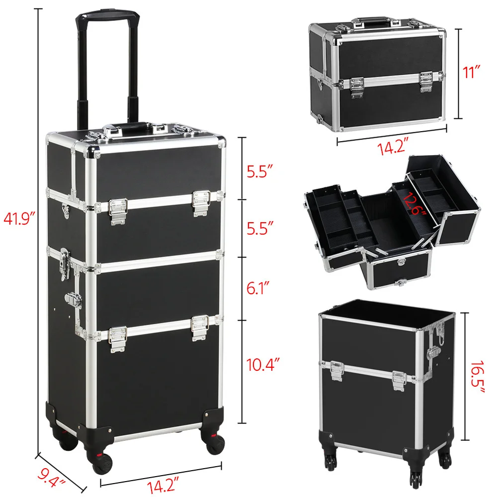 Alden Design Professional Makeup Case, 3 in 1 Portable Trolley, Black - Image 9