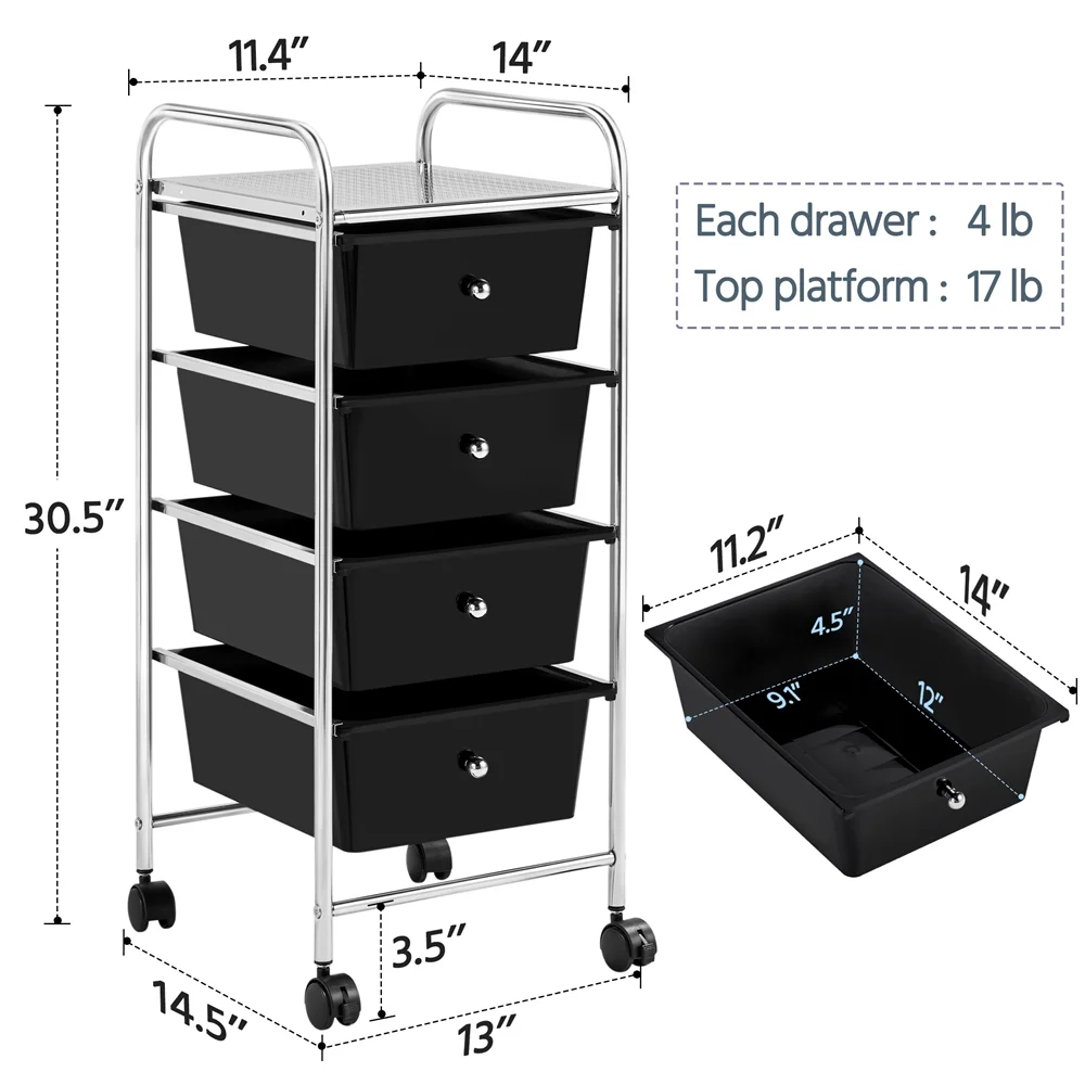Alden Design 4 Drawers Metal Frame Storage Cart Rolling Bin Trolley, Black - Image 9