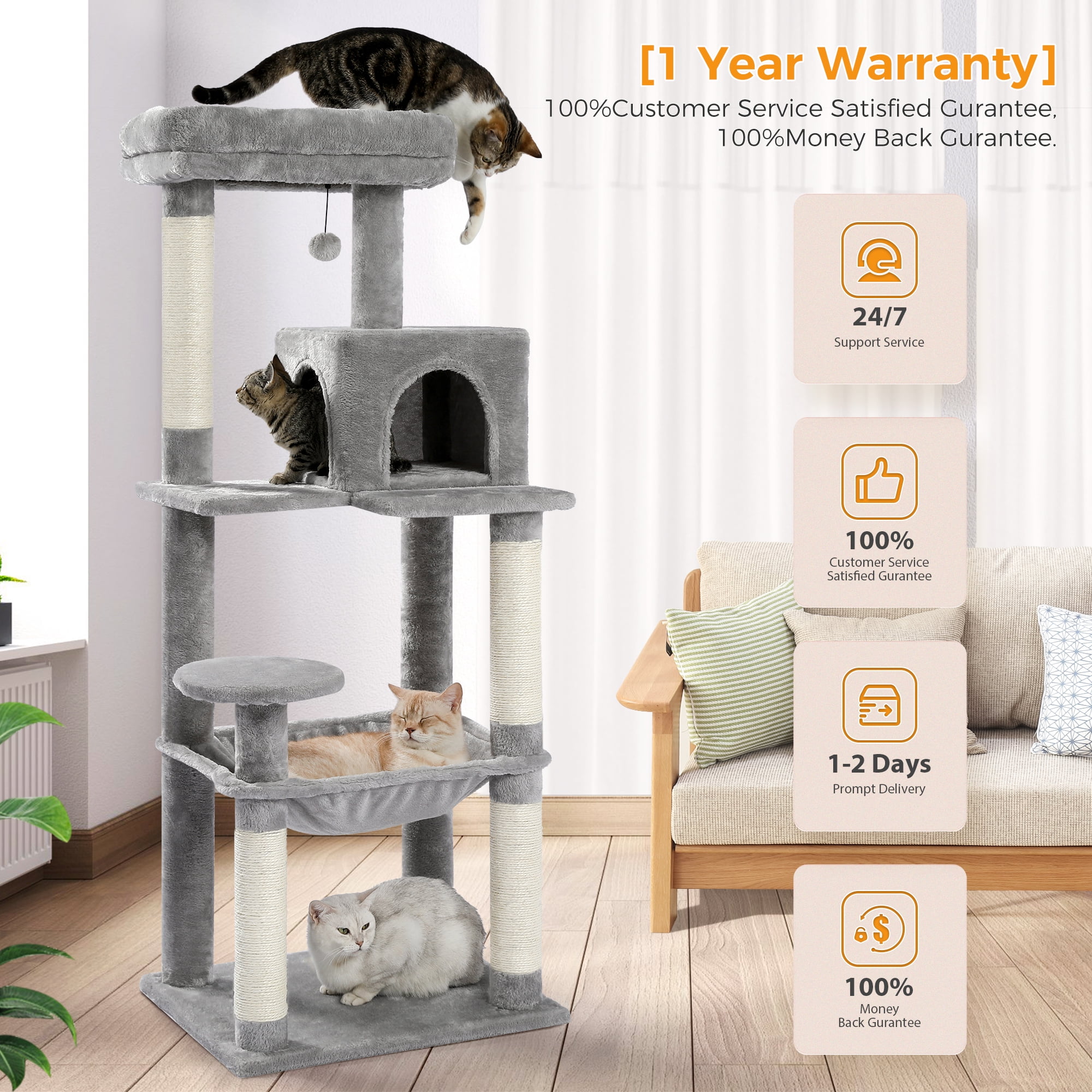 Pawz Road Cat Tree for Large Cats 56"Tall Cat Tower Condo with Scratching Post for Indoor Cats,Gray - Image 5