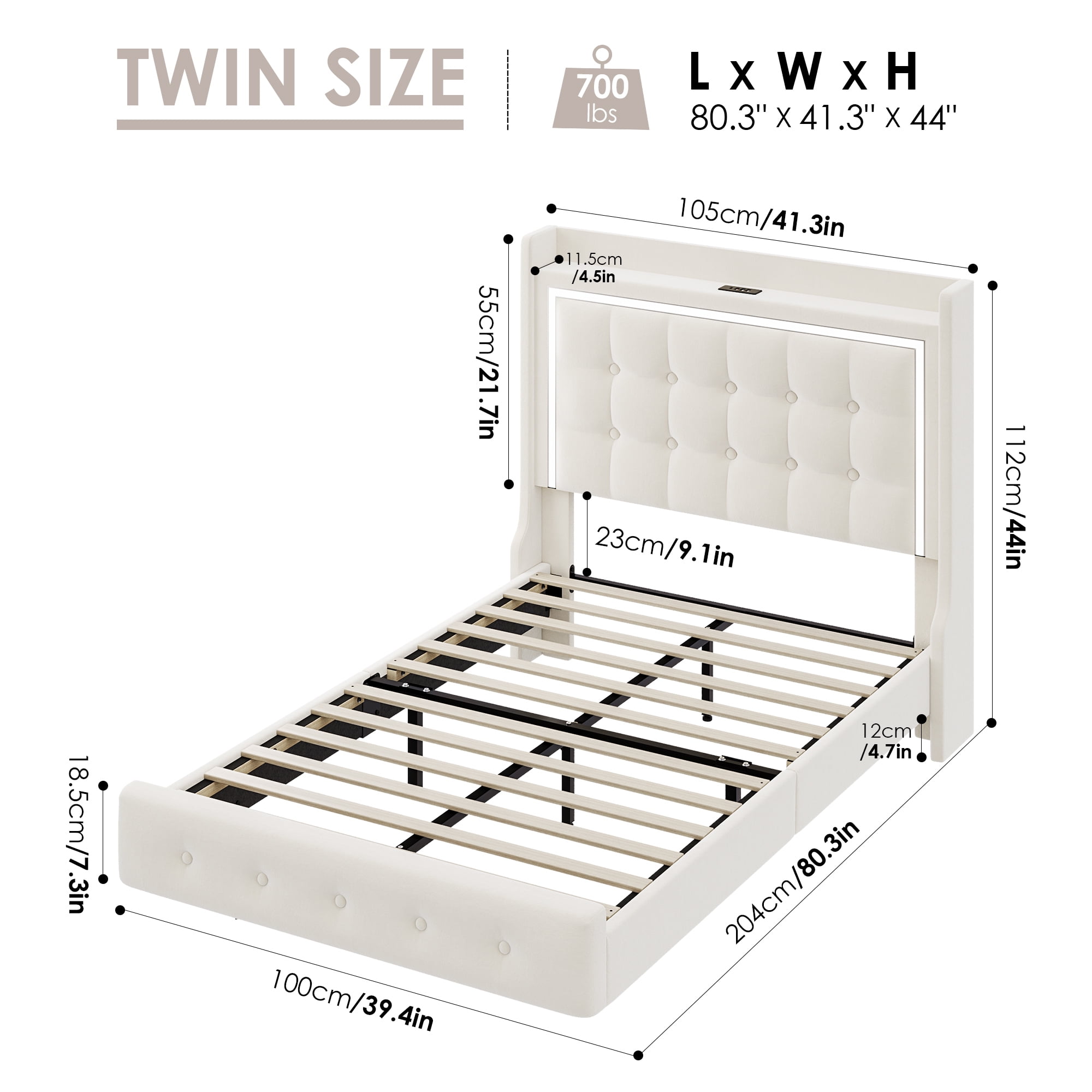 Homfa Twin Size Floating Bed Frame with RGB LED Lights Charging Station, Modern Velvet Upholstered Platform Bed Frame with Storage Headboard, Off-White - Image 7