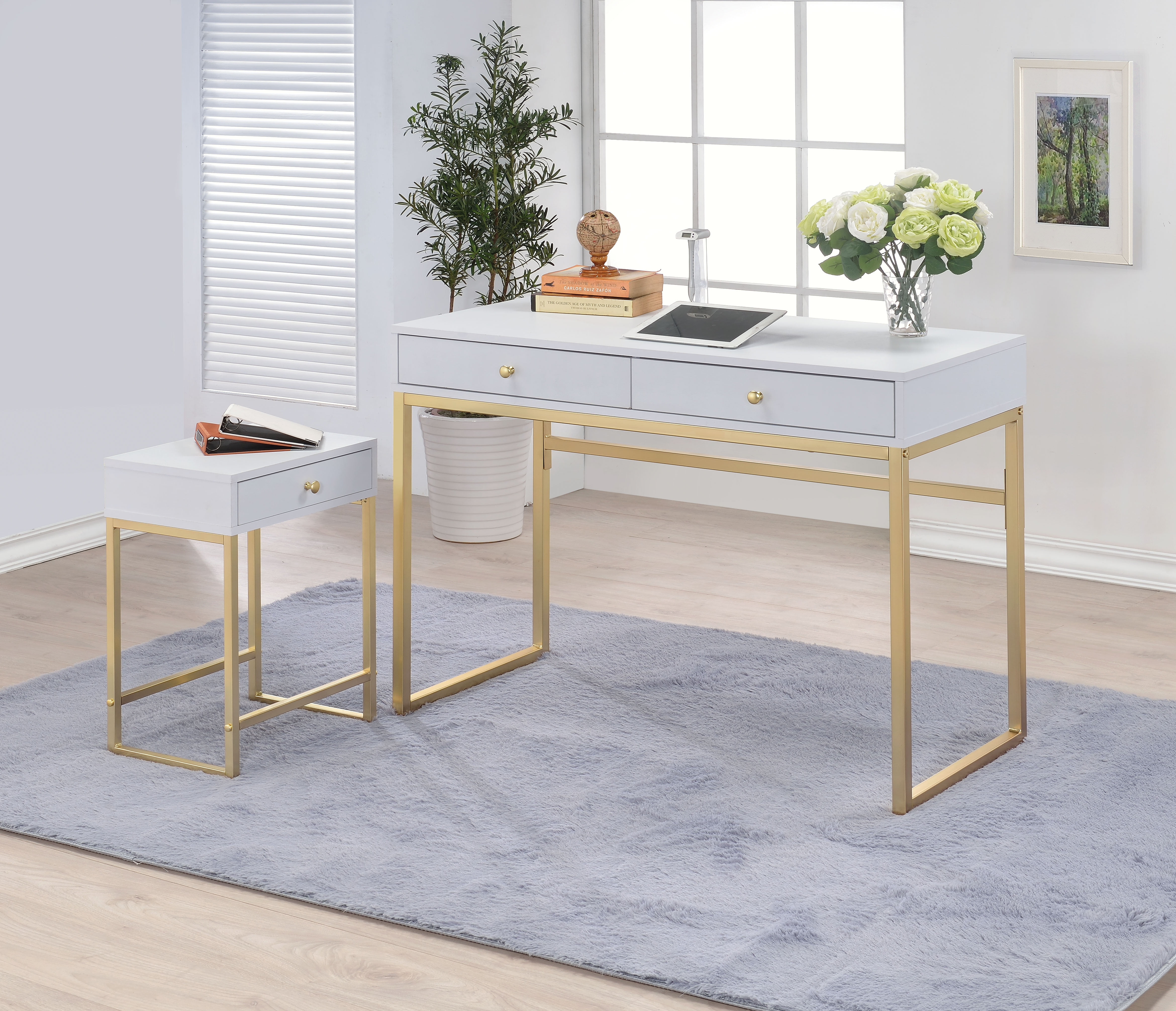 ACME Coleen 1-Drawer Metal Tube End Table in White and Brass - Image 2