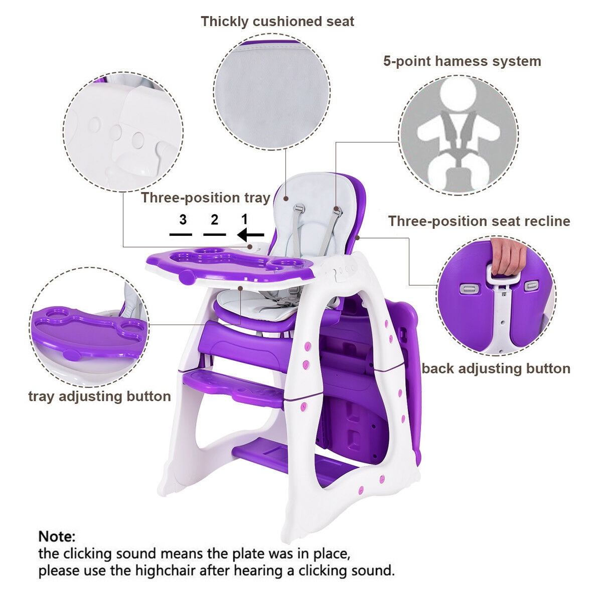 Costway 3 in 1 Baby High Chair Convertible Play Table Seat Booster Toddler Feeding Tray Purple - Image 5