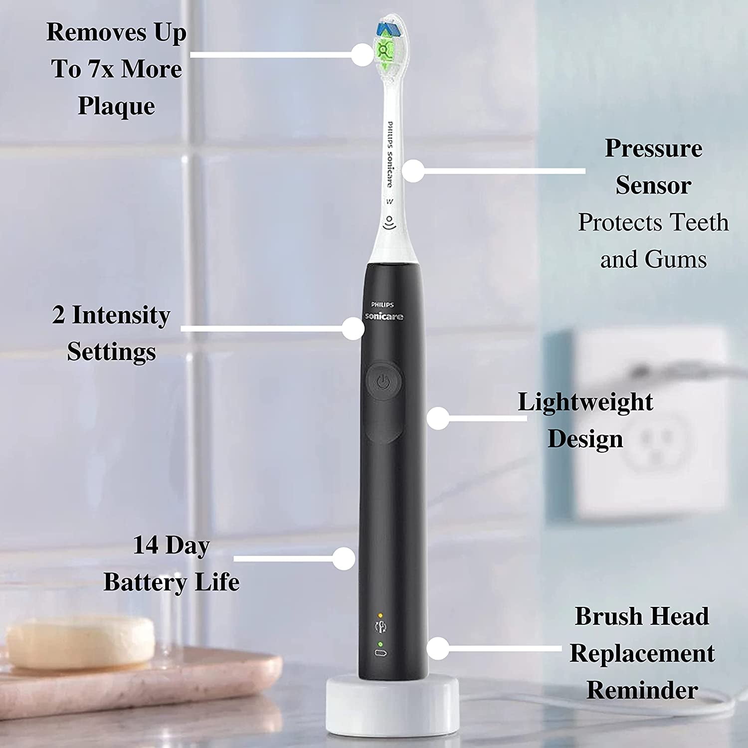 PHILIPS Sonicare Electric Toothbrush DiamondClean 2-Pack Bundle, Rechargeable Electric Tooth Brush with Pressure Sensor, Sonic Electronic Toothbrush, Travel Case, Black & White - Image 3
