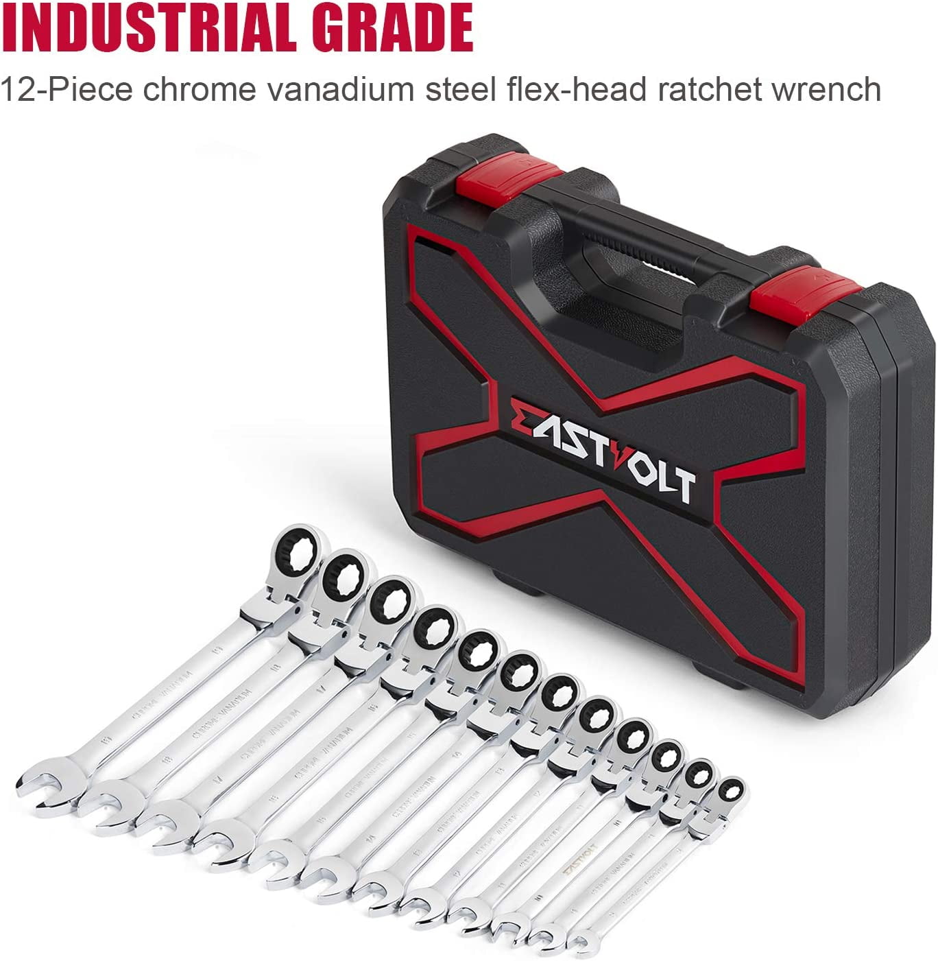 Eastvolt 12 Pieces Flex Head Ratcheting Wrench Set, Metric 8mm-19mm, Combination Ended Spanner kits, Chrome Vanadium Steel with Toolbox - Image 2