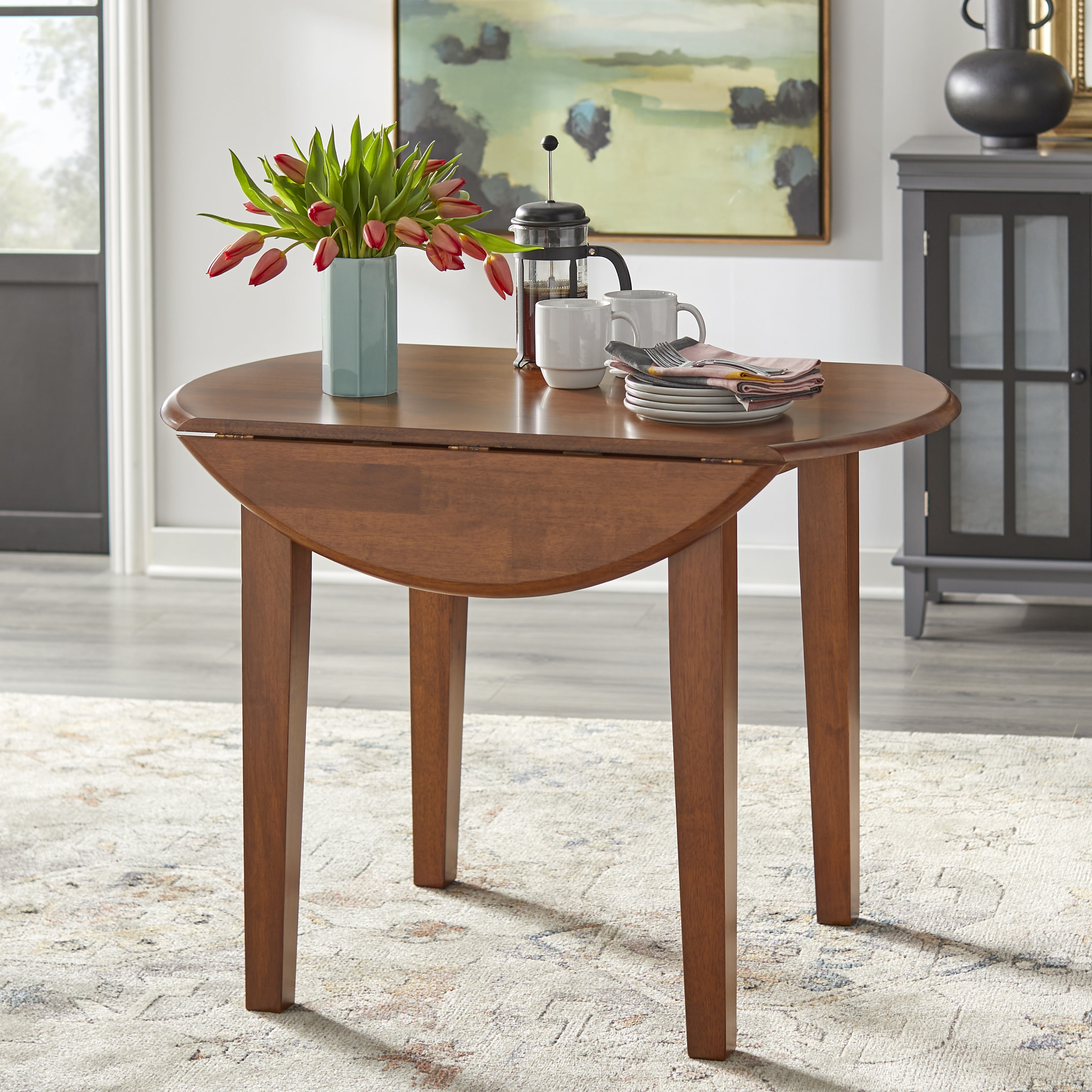 TMS Chadwick 40” Round Solid Wood Drop Leaf Dining Table, Walnut - Image 3