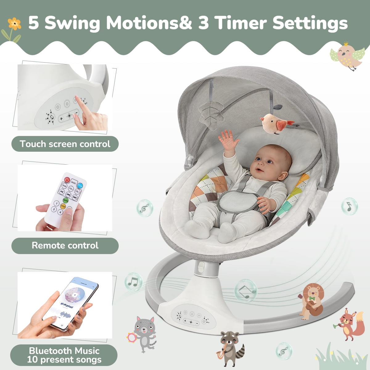 Baby Swing for Infants, Caveen Baby Rocker with Dinner Plate, 5 Swing Speeds, Adapter Battery Operated, Indoor,Outdoor, Grey - Image 8