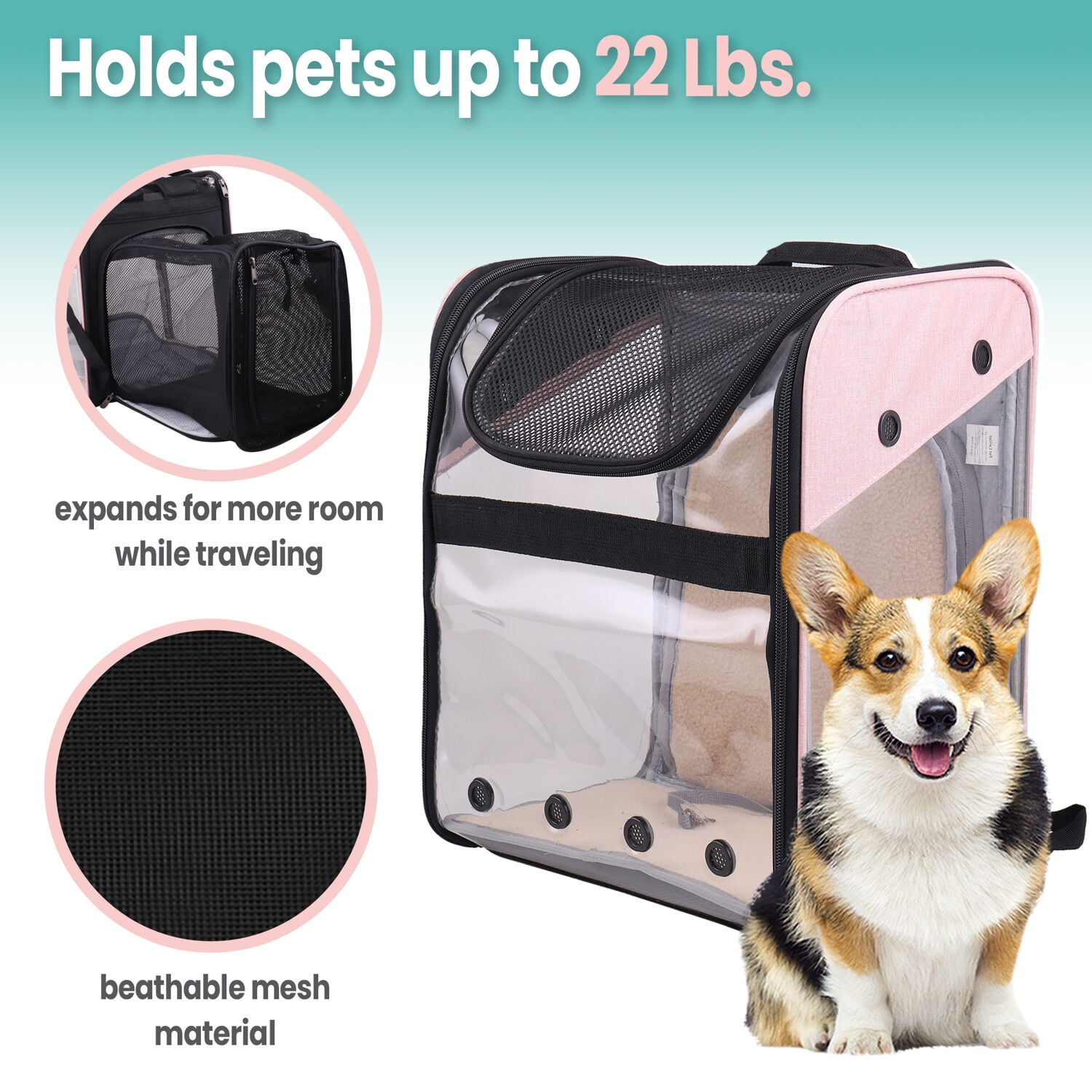 Critter Sitters Light Pink See-Through Pet Backpack for Small Dogs, Cats with Scratch Resistant Breathable Mesh Window | Airline Carry-On Approved | Safety Leash | Durable Transporation for Animals - Image 3