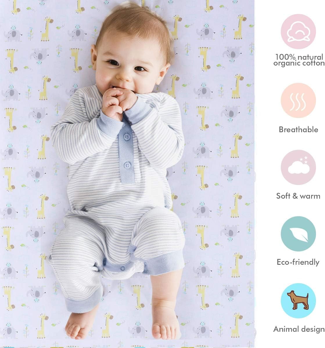 Sweet Baba Crib Bedding Set for boy Girl, 3-Piece Organic Cotton Baby Bedding Set, Portable Standard Crib Bedding Set Neutral, Woodland Deer Elephant Crib Bedding Set, Yellow/Grey/Teal - Image 3