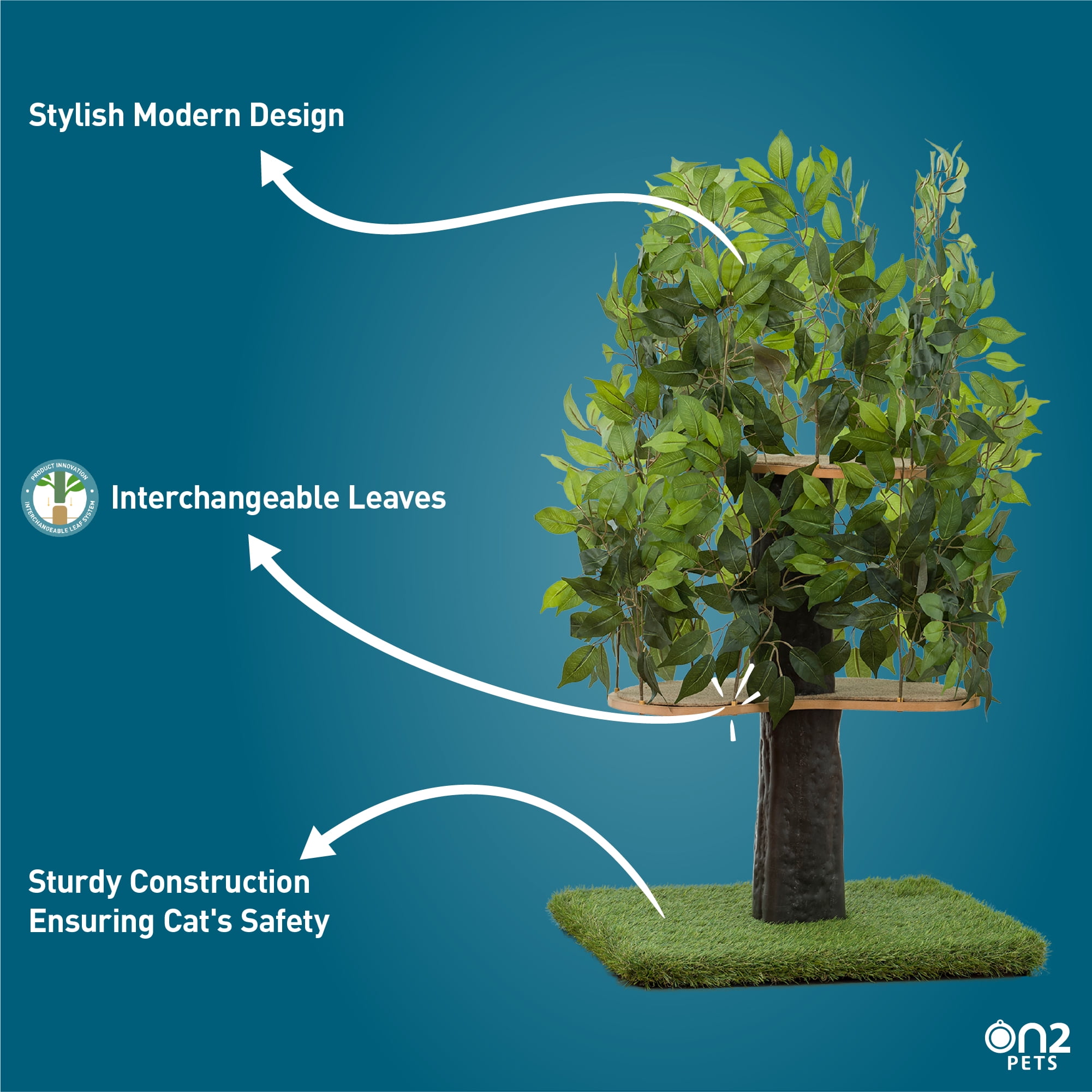 On2 Pets 4ft Interchangeable Leaves Cat Activity Tree, Indoor Cat Tower, Comfy Cat Condo with Scratching Pads, Square Base (Evergreen) - Image 3