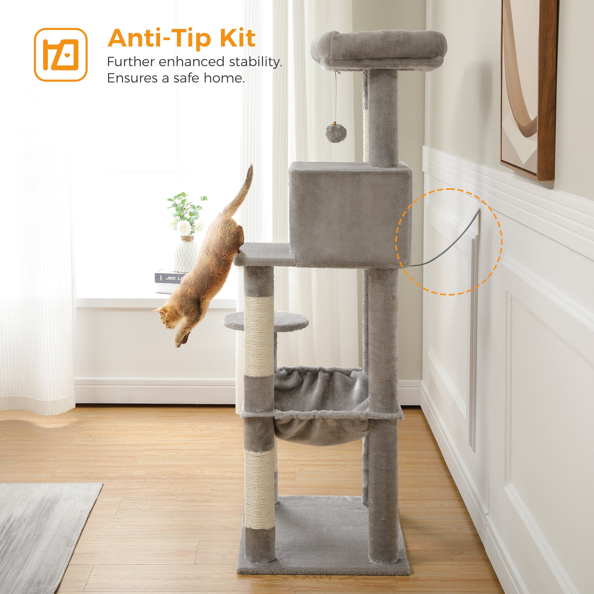Pawz Road Cat Tree for Large Cats 56"Tall Cat Tower Condo with Scratching Post for Indoor Cats,Gray - Image 6