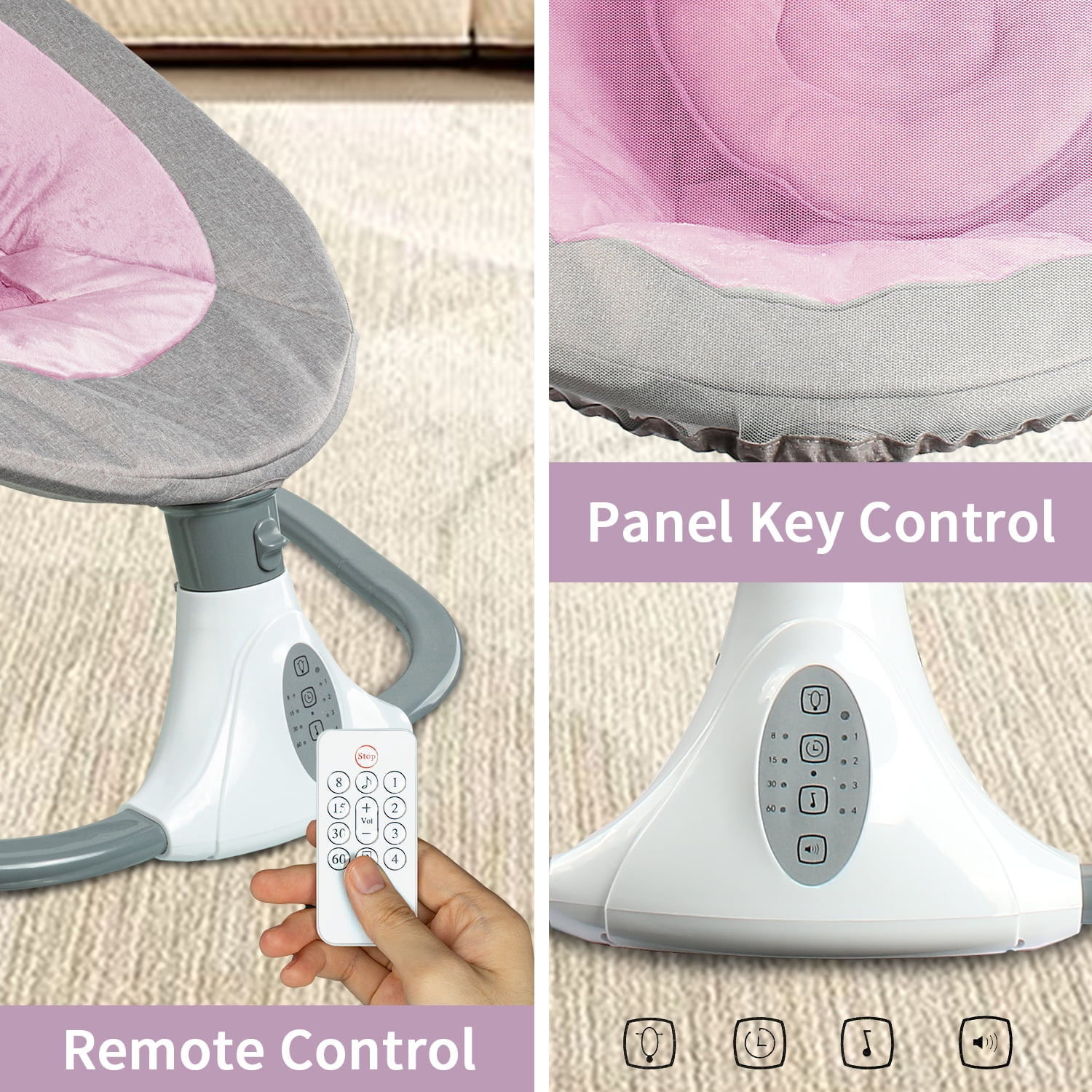 FACNOATIHN Electric Baby Swing, Infant Bouncer Chair Rocker with 12 Lullabies, Bluetooth Music, Adjustable Speeds, 4 Timing Set, Unisex, Pink - Image 3