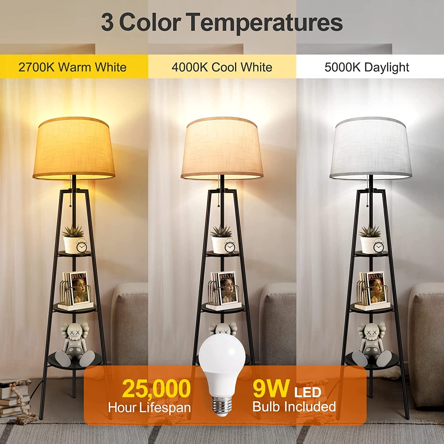 OUTON Tripod Floor Lamp with Shelves, Modern Standing Lamp with Linen Lampshade for Living Room, Bedroom, Office ,3 Color Temperature Bulb Stepless Dimming(Metal Black) - Image 9